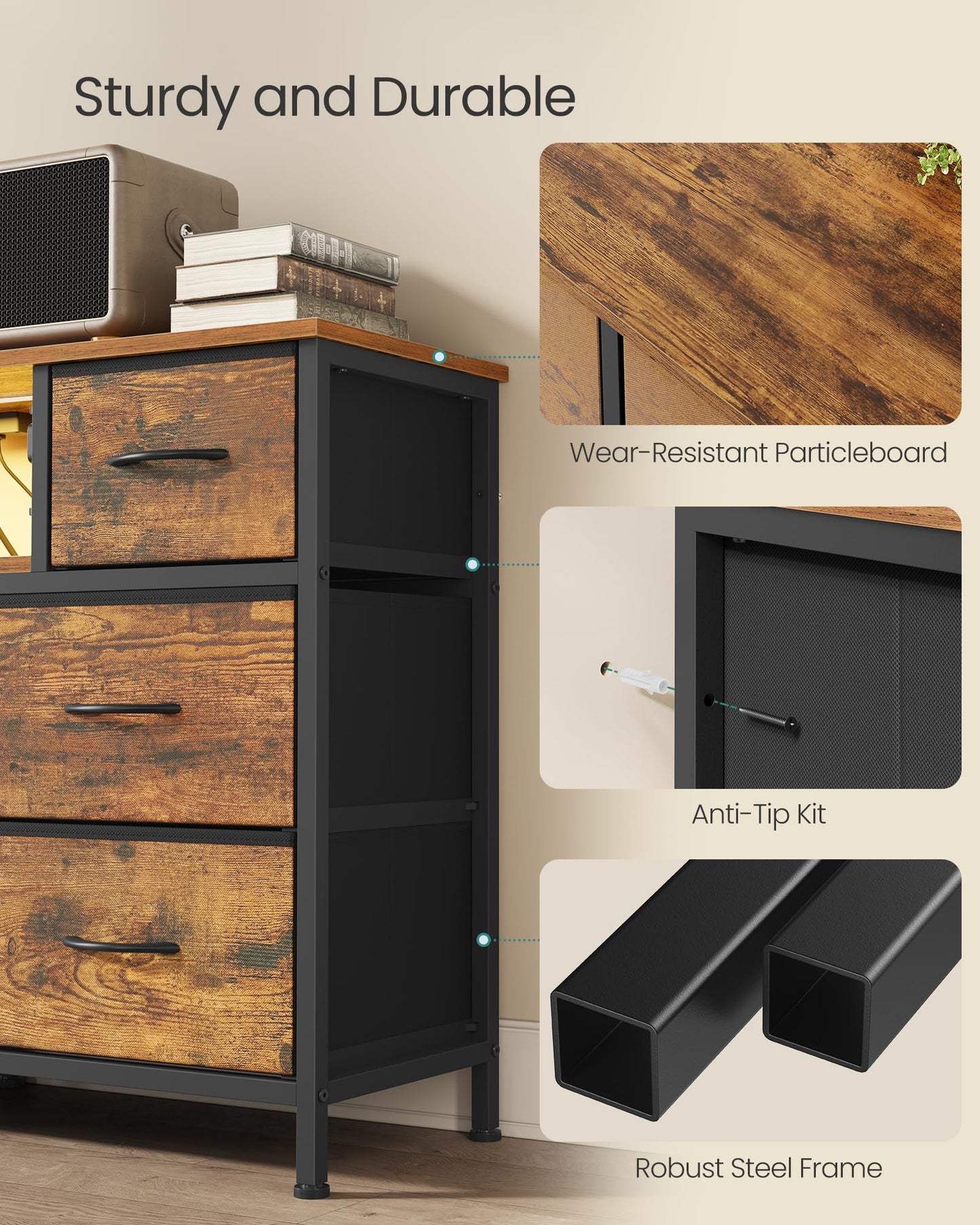SONGMICS BELLAH Collection - Dresser for Bedroom with Outlets and LED Lights, TV Stand for TVs Up to 55 Inches, Chest of Drawers, 8 Drawers, Steel, Industrial, Rustic Brown and Ink Black ULGS433KD02S