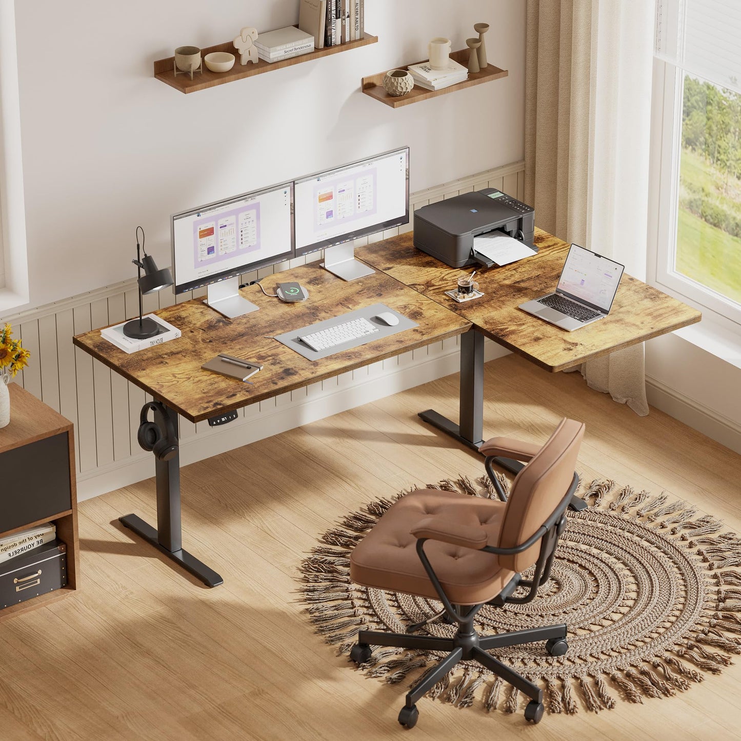 Agilestic 55 Inch Reversible L Shaped Standing Desk, Electric Height Adjustable Desk with Memory Preset, Sit Stand Up Computer Workstation for Home Office, Splice Board, Rustic Brown