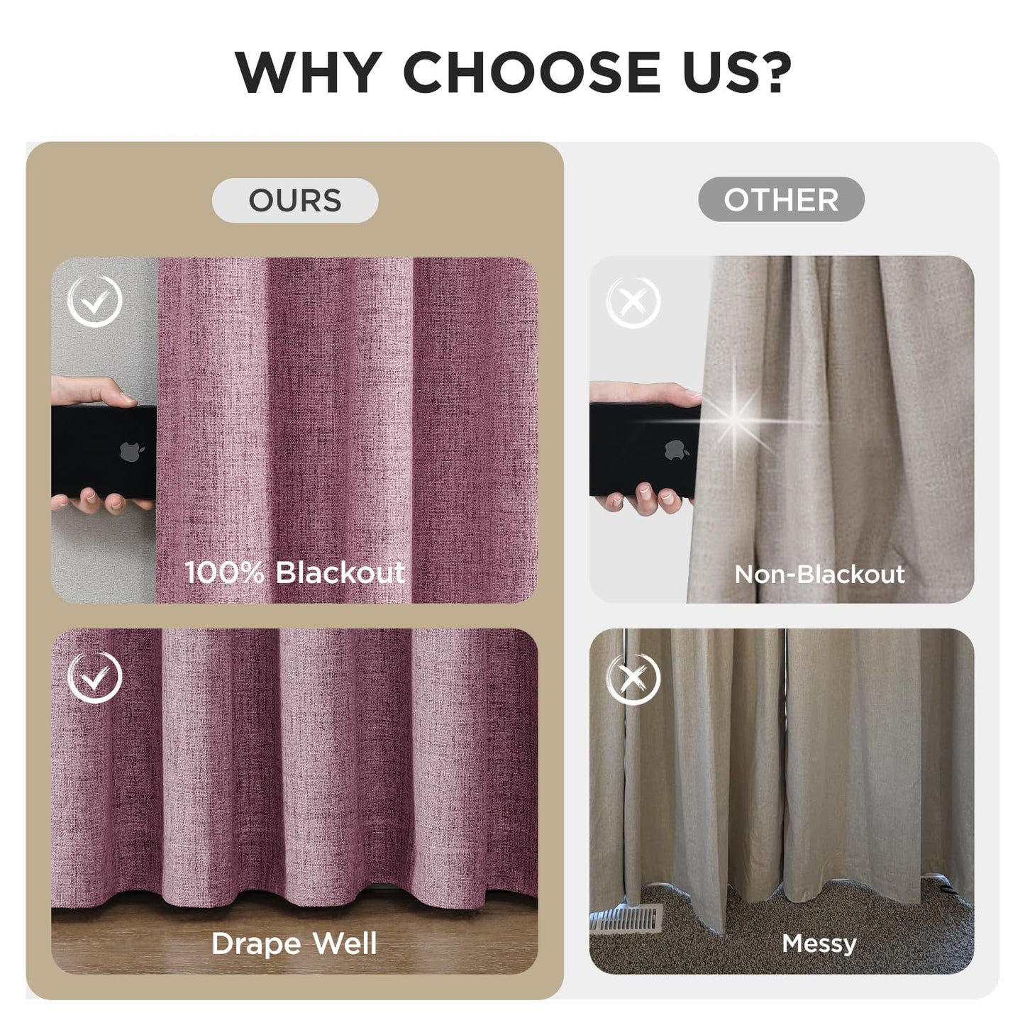 Joydeco Pinch Pleated Curtains - 100% Blackout for Bedroom, Pink Linen Curtains 40" W x 90" L, Thermal Insulated 2 Panels Light Blocking Drapes, Back Tabs for Living Room