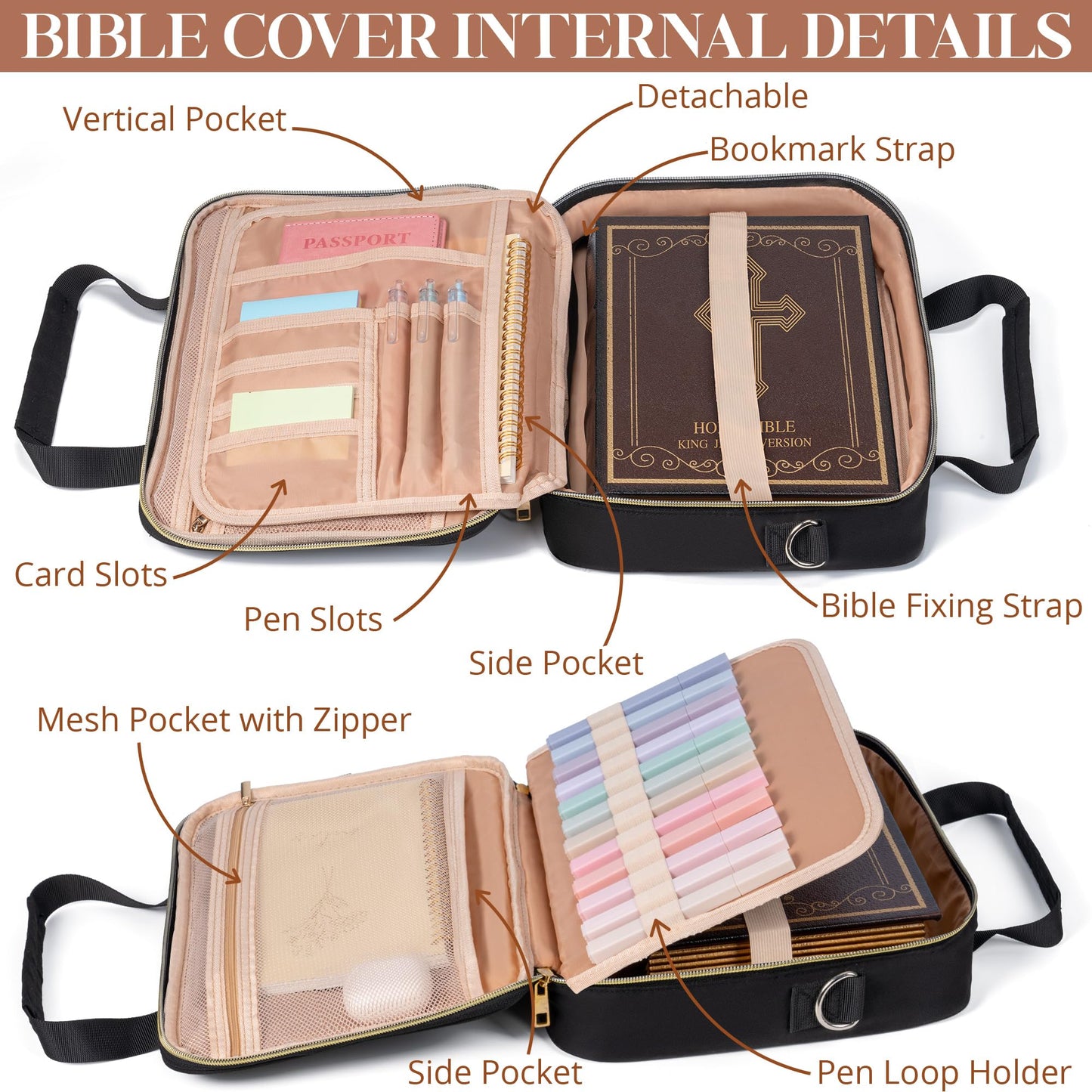 Bible Cover Case for Women, Large Bible Bag w/Shoulder Strap, Bible Study Supplies Journaling Kit Pink Book Carrying Case with Accessories Pastel Highlighter Tab, Christian Gifts for Women Mom Friends