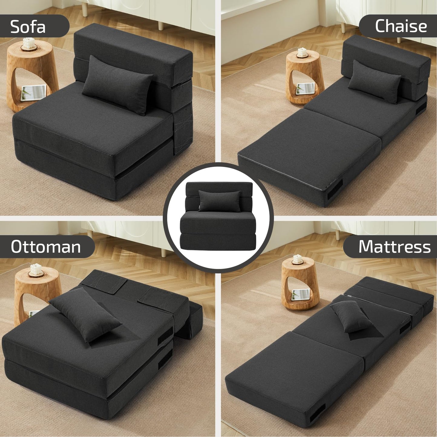 SUYOLS Folding Sofa Bed with Pillow- Convertible Chair Floor Couch & Sleeping Mattress, Foldable Memory Foam Sleeper for Living Room/Dorm/Guest Room/Home Office/Apartment/Loft, Single28, Dark Gray