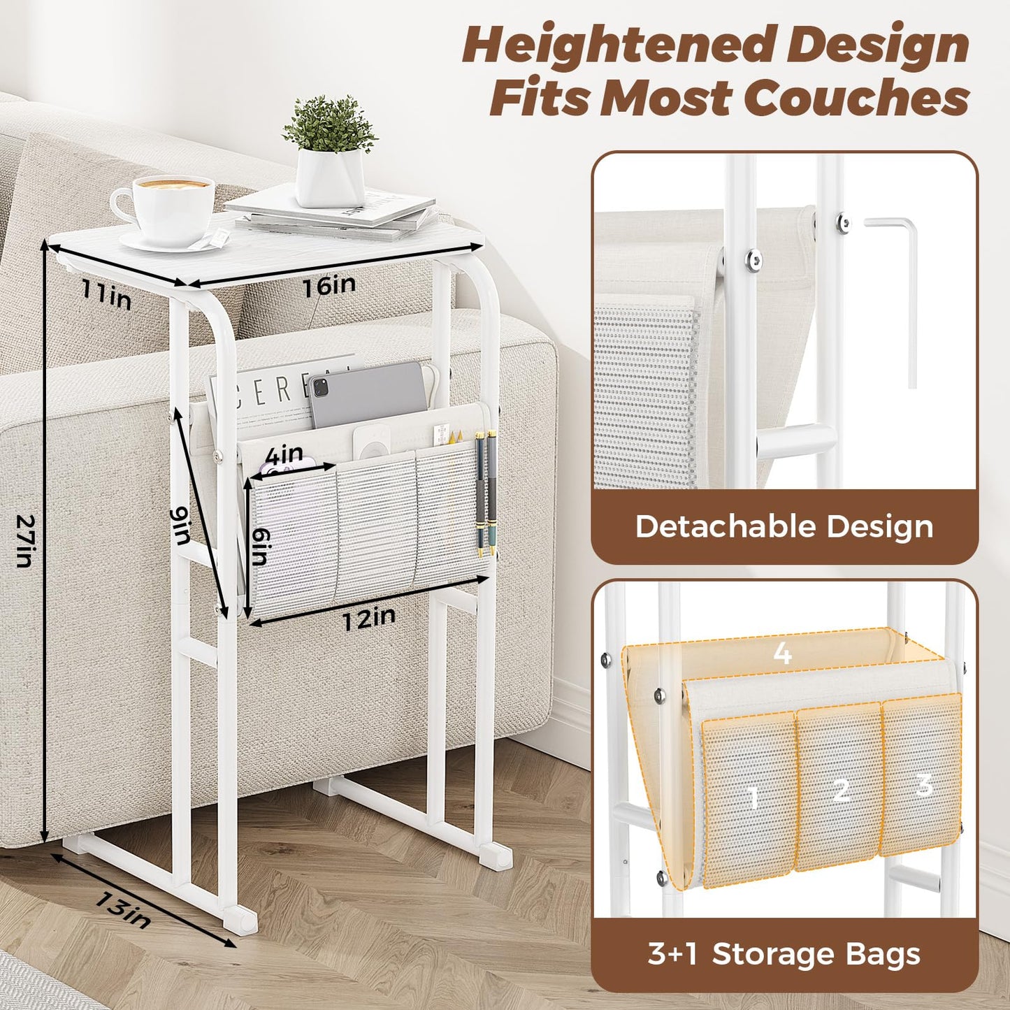 Olldide C-Shaped End Table with Storage Bag, Slide Under Couch Sofa Side Table, Metal Frame for Living Room, Bedroom, Bedside, Small Space (White)