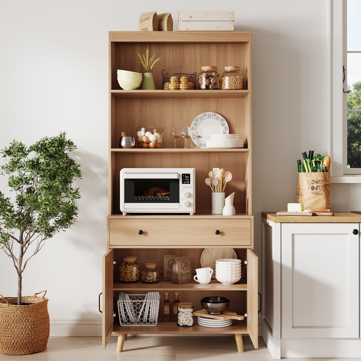 IDEALHOUSE 72.4" Tall Bookcase with Doors, 6-Tier Bookshelf with Door, Freestanding Display Cabinet with Drawer, for Home Office Kitchen Living Room