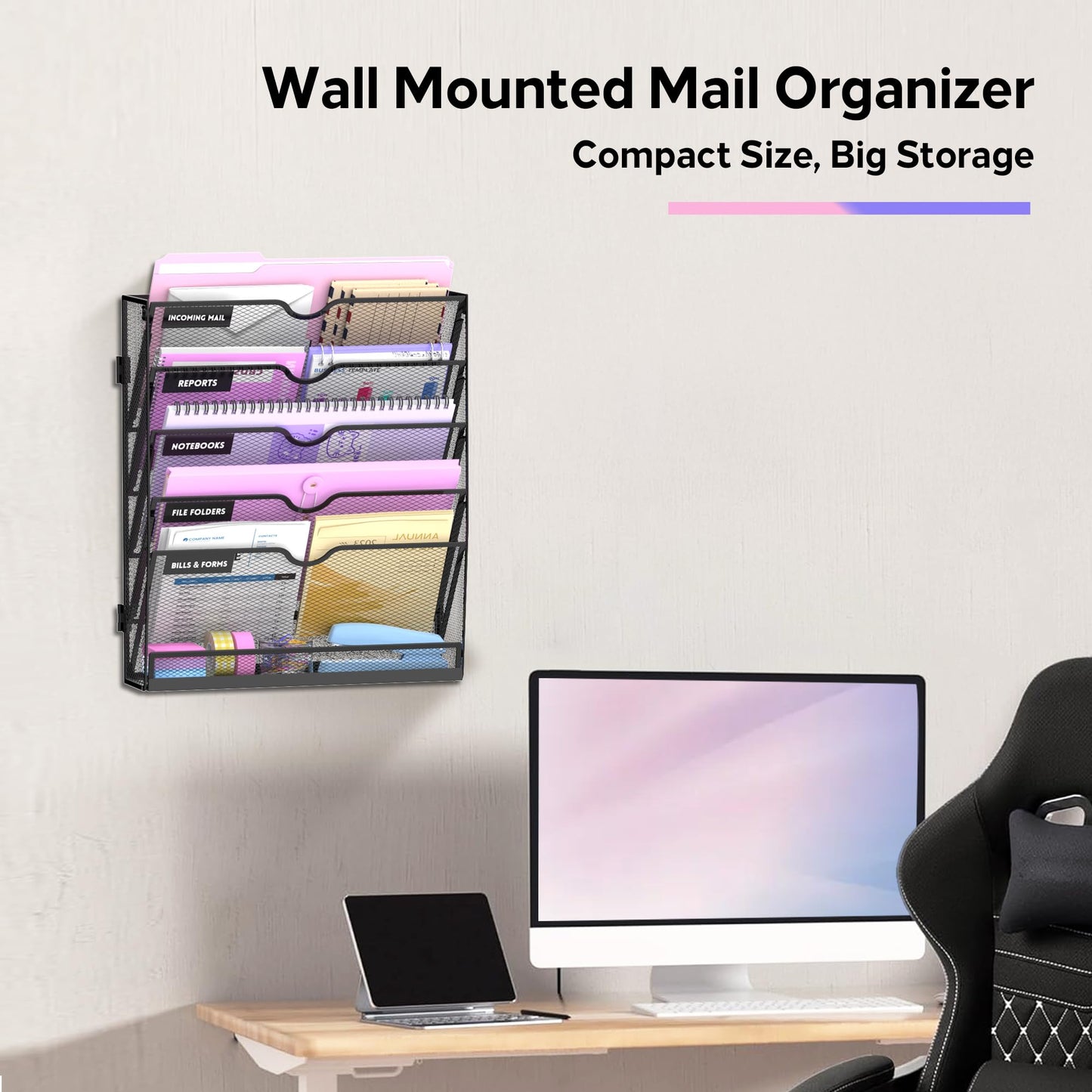 SUPEASY 6 Tier Wall File Organizer with Base, Vertical Hanging File Organizer, Wall Mounted File Holder for Mail, Documents & Folders, Metal Mesh Wall Organizer for Office Home School Classroom, Black