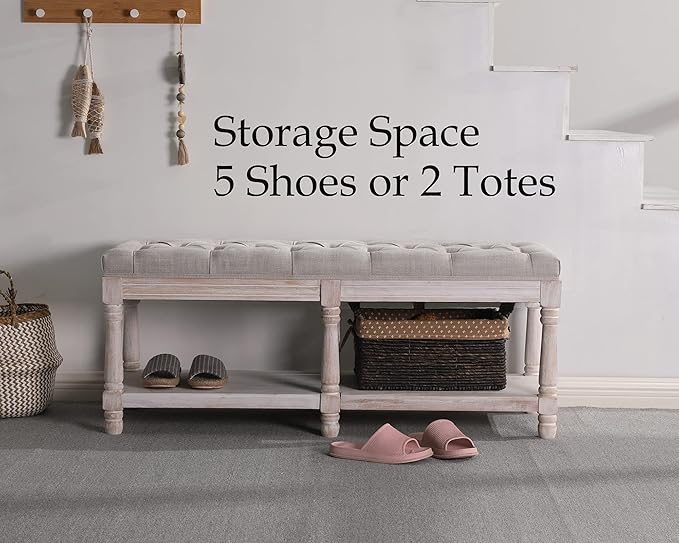 Farmhouse Storage Bench Wooden Entryway Upholstered Tufted Ottoman Bench