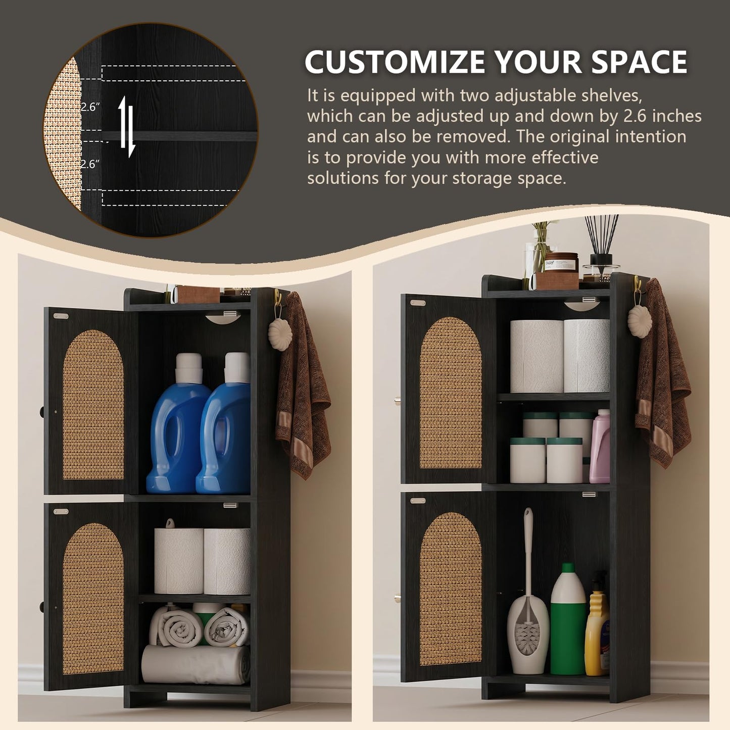 Rattan Bathroom Storage Cabinet,Corner Floor Cabinet with 2 Doors and Adjustable Shelf, Narrow Toilet Paper Cabinets with 2Hooks,Toilet Organizer for Small Spaces,7.87"D*9.84"W*29.72"H（Black）