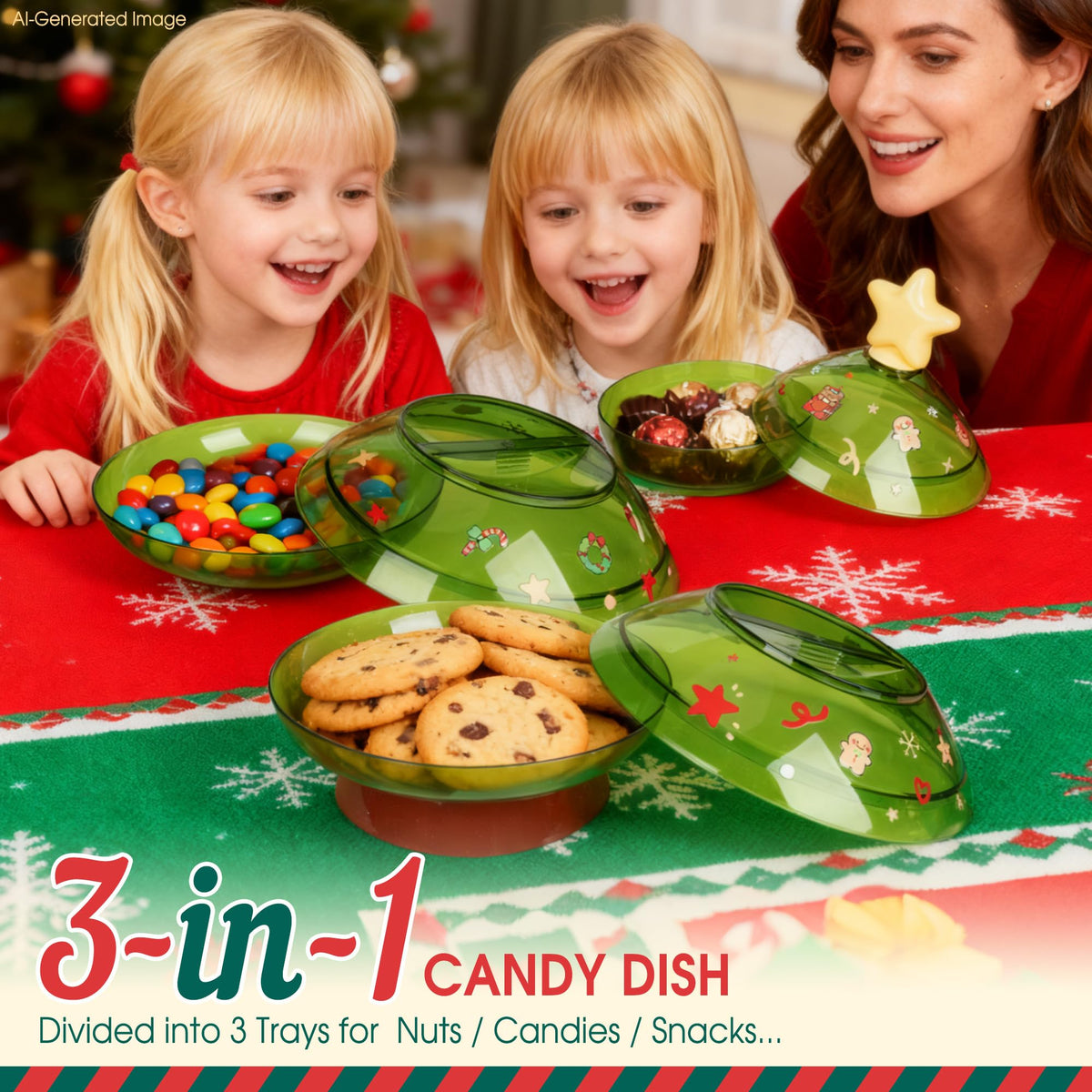 IVYROLL Christmas Candy Dish with Lid, Candy Platter Dish Serving Snack Box Container Decorative Plates for Xmas Holiday Party