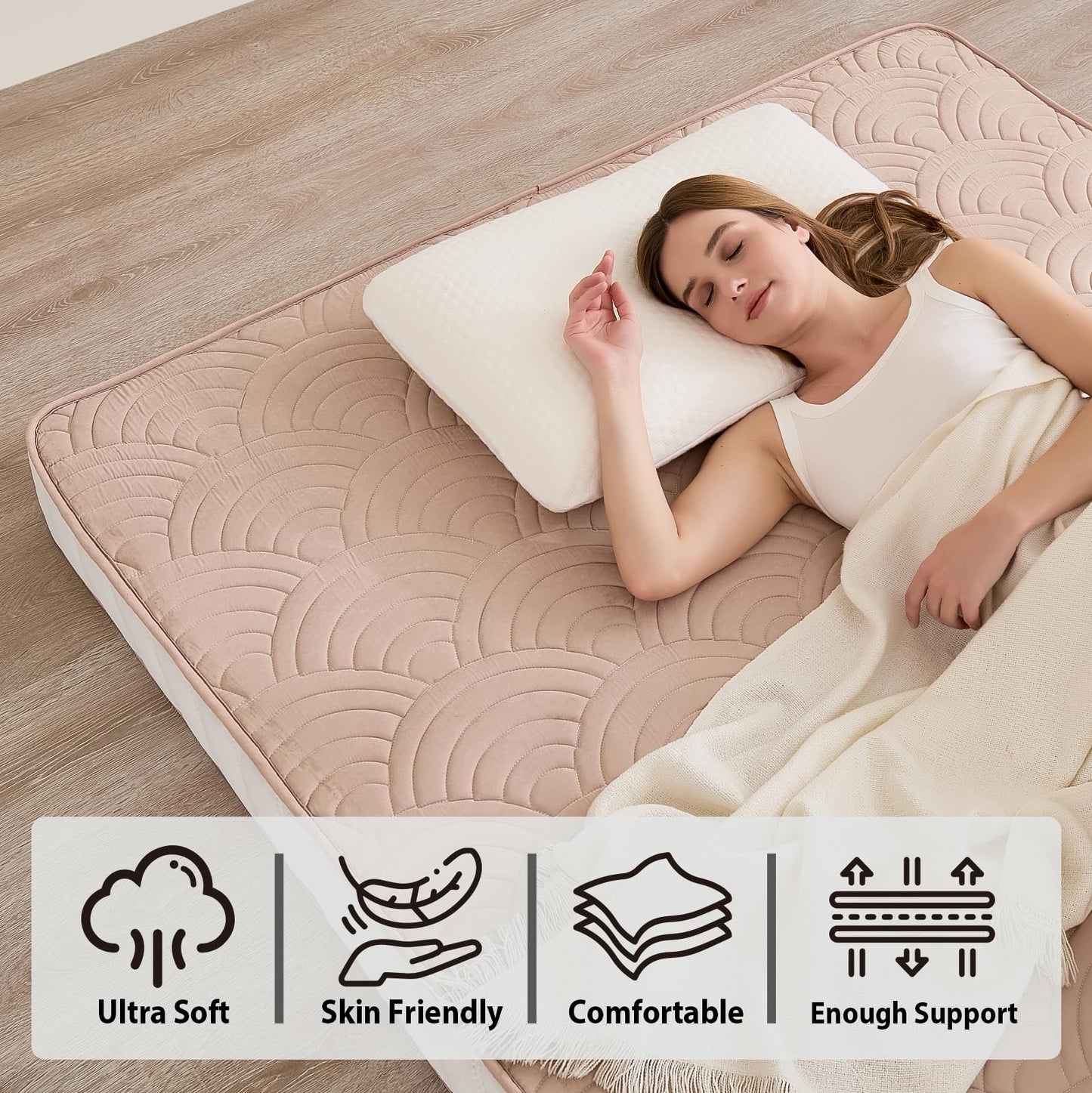 Zelladorra Japanese Floor Mattress, Quilted Futon Mattress with Anti-Slip Bottom, Foldable Floor Bed with Storage Bag and Straps, (Beige, Queen)