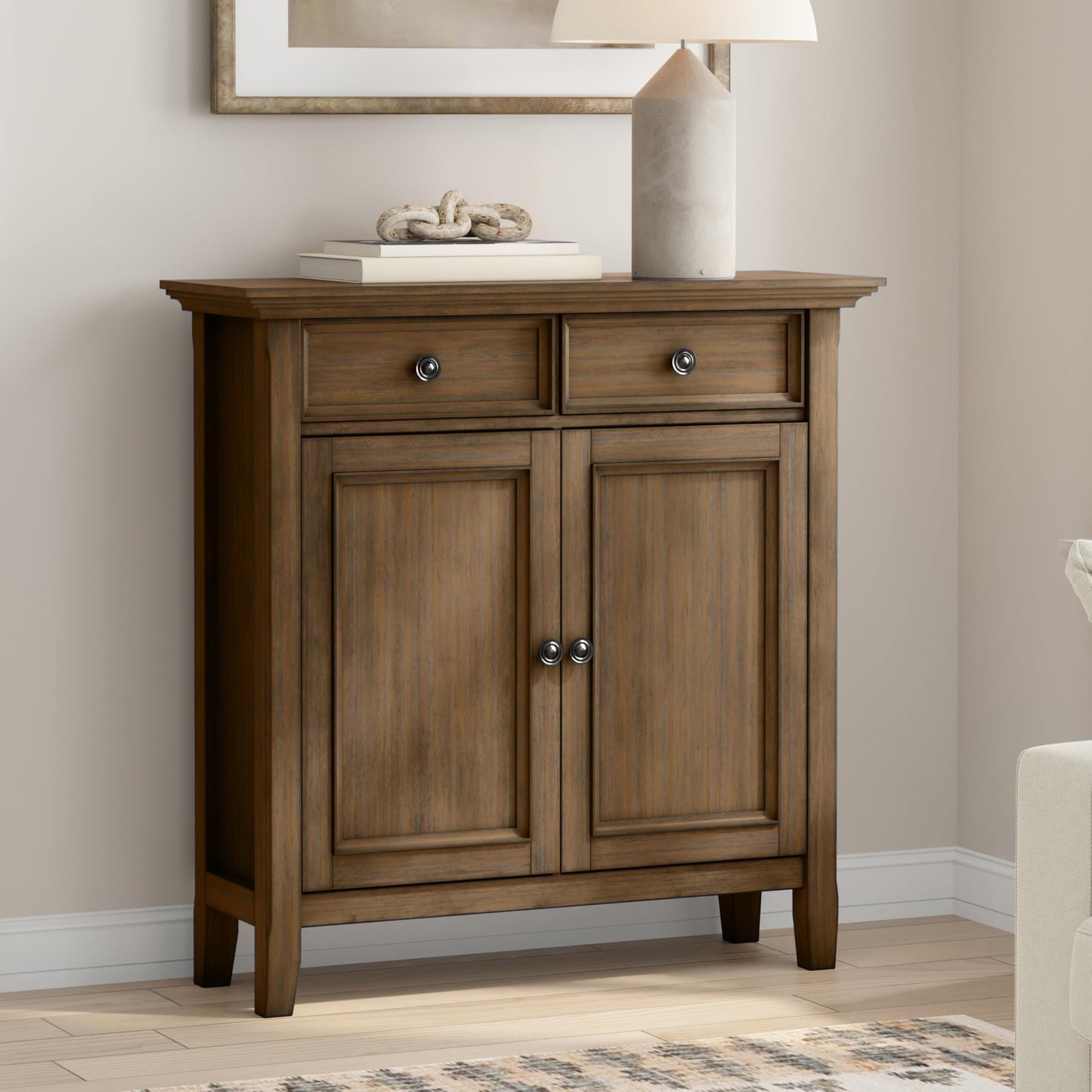 SIMPLIHOME Amherst Storage Cabinet - 36 inch Wide Solid Wood 2-Shelf Entryway Console in Rustic Natural Aged Brown, Transitional Cupboard for Living Room or Hallway with Drawers and Adjustable Shelves