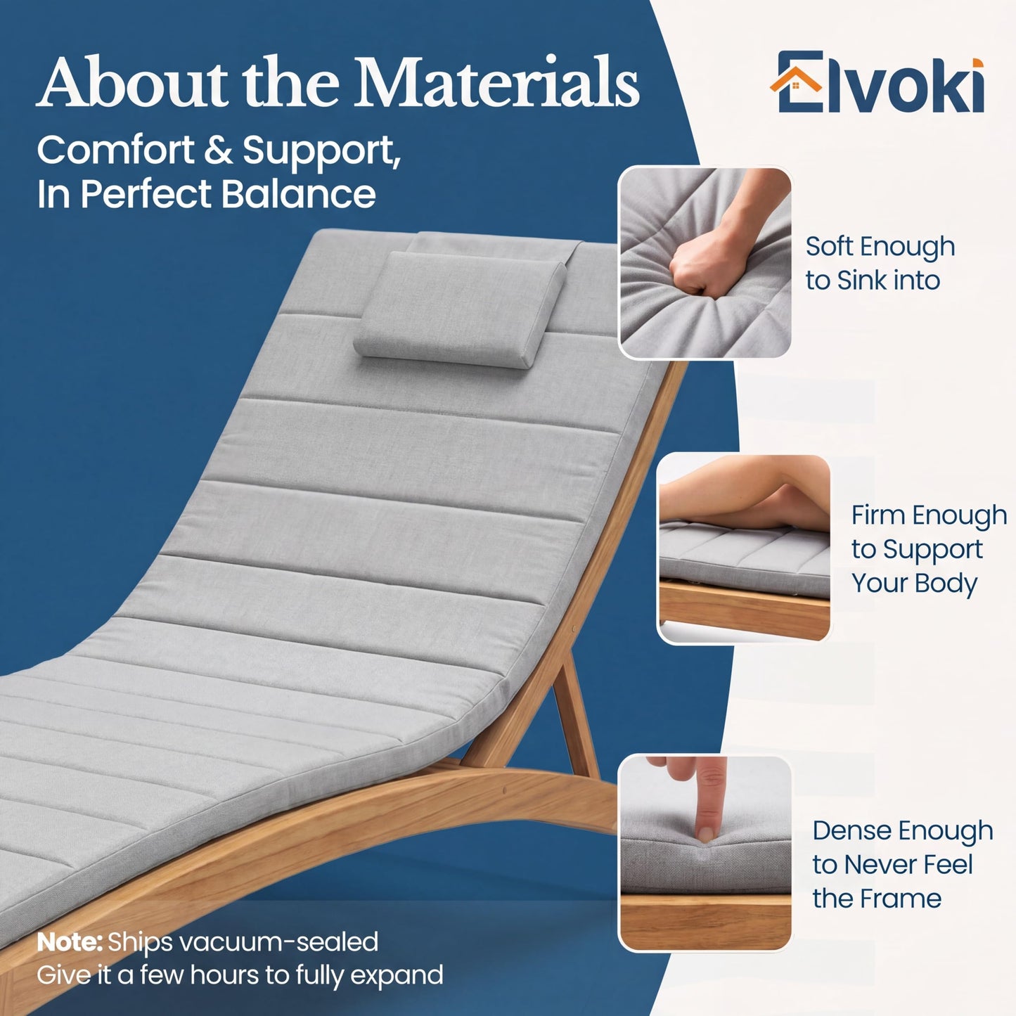 Elvoki Quilted Chaise Lounge Outdoor Patio Furniture Cushions | Water-Resistant Patio Chair Cushions | Durable, High-Density Foam Outdoor Chair Cushions - Heather Grey, 74"x23" (Chair Not Included)