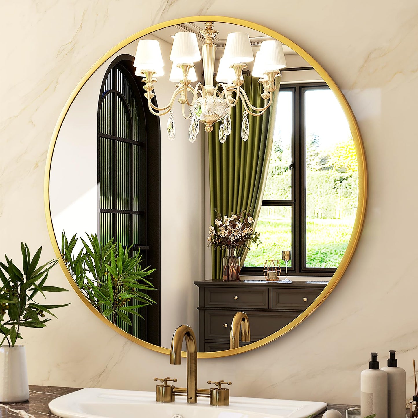 HARRITPURE 24 Inch Round Mirror, Gold Circle Bathroom Mirror, Modern Aluminum Alloy Frame Wall Mounted Vanity Mirror for Living Room, Bedroom, Entryway
