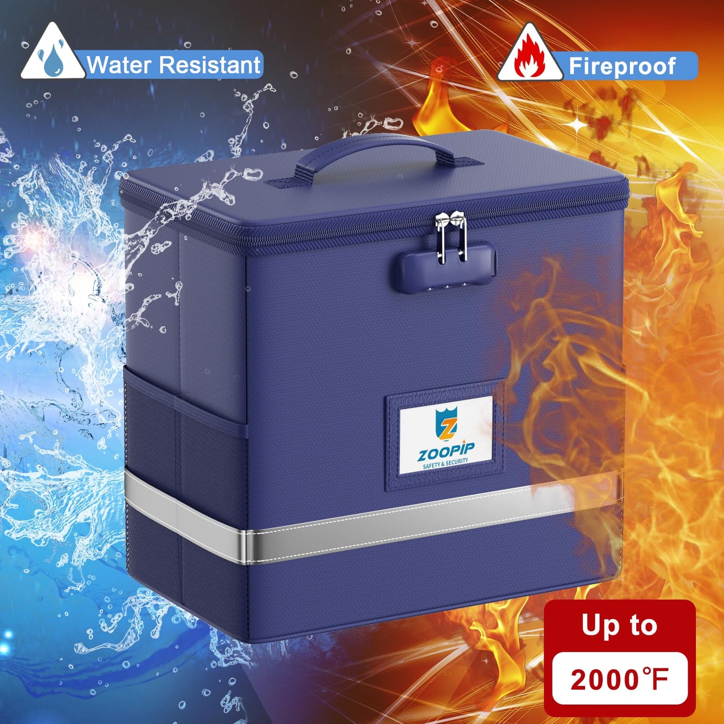 ZOOPIP Fireproof File Box with Lock, Document Box Storage Organizer, Suitable for Hanging File Folders in Letter Size, Collapsible File Box, Reflective Strip for Fast Find (12.2"*6"*10.2, Blue)