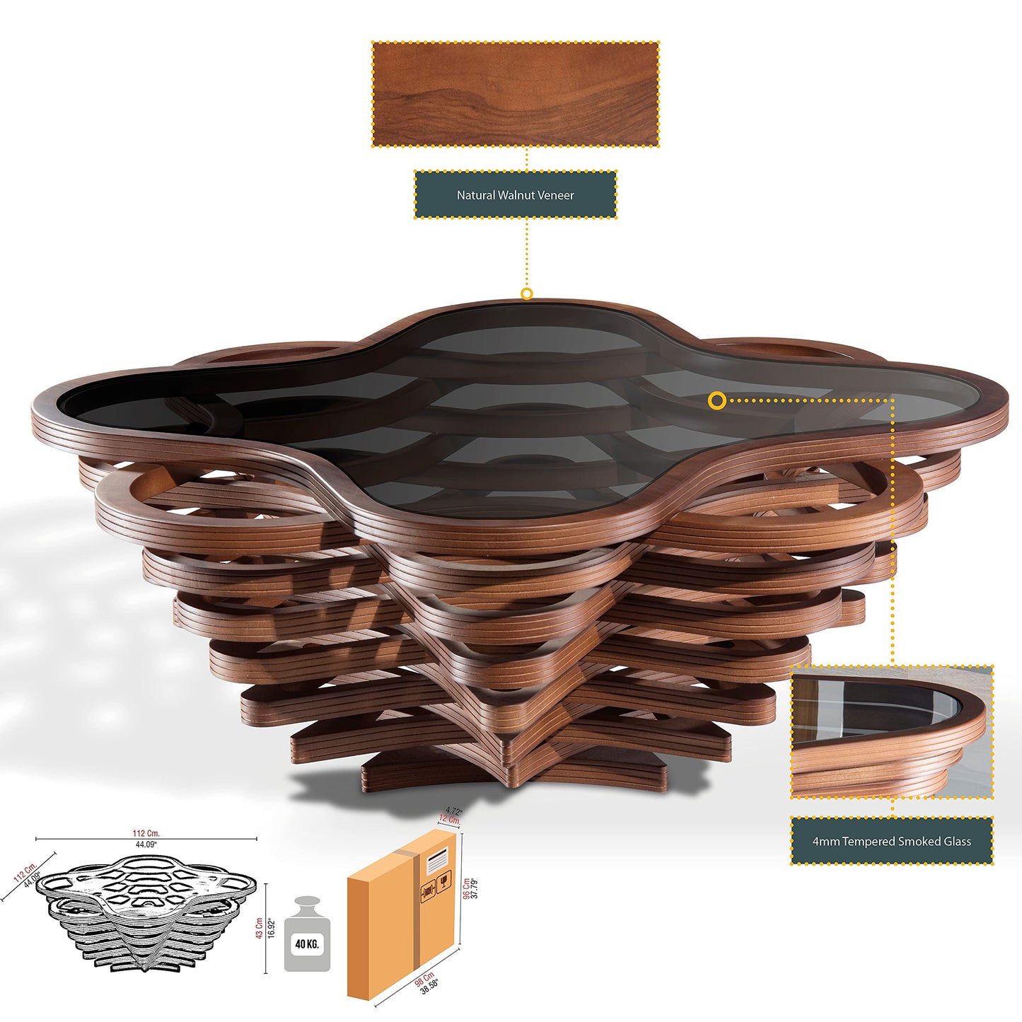 by Papella Design, Cloud Coffee Table, Modern Decorative Wooden Center Table, Glass Top Living Room & Reception Coffee Table, Natural Walnut Veneer, Rustic & Contemporary Style, for Home & Office