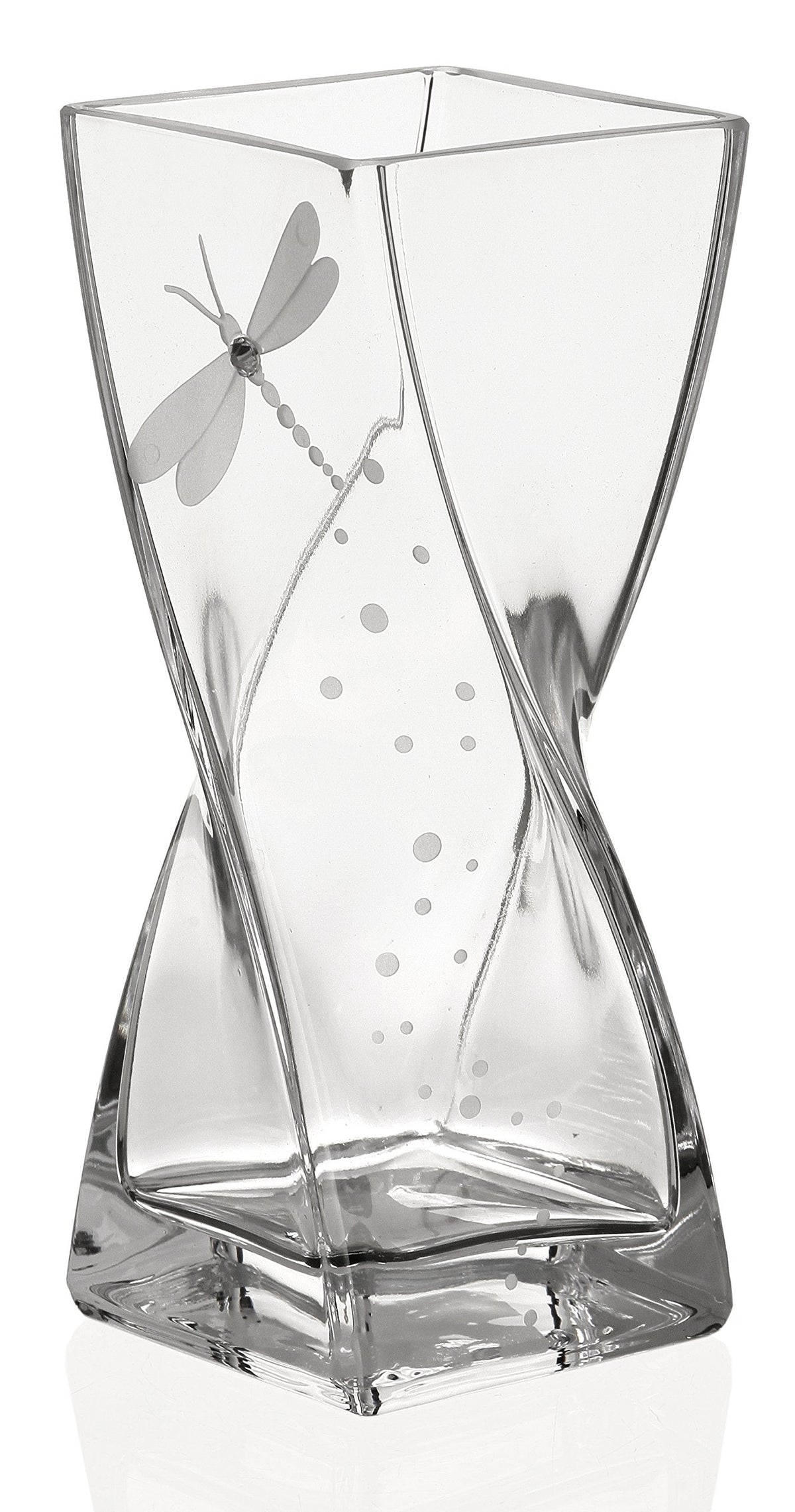 Dragonfly Vase - Handmade Glass Vase Decorated with Premium Crystal and Etched Dragonfly – Gift Boxed - Clear Mouth Blown Centerpiece, 7.9 in (20 cm)