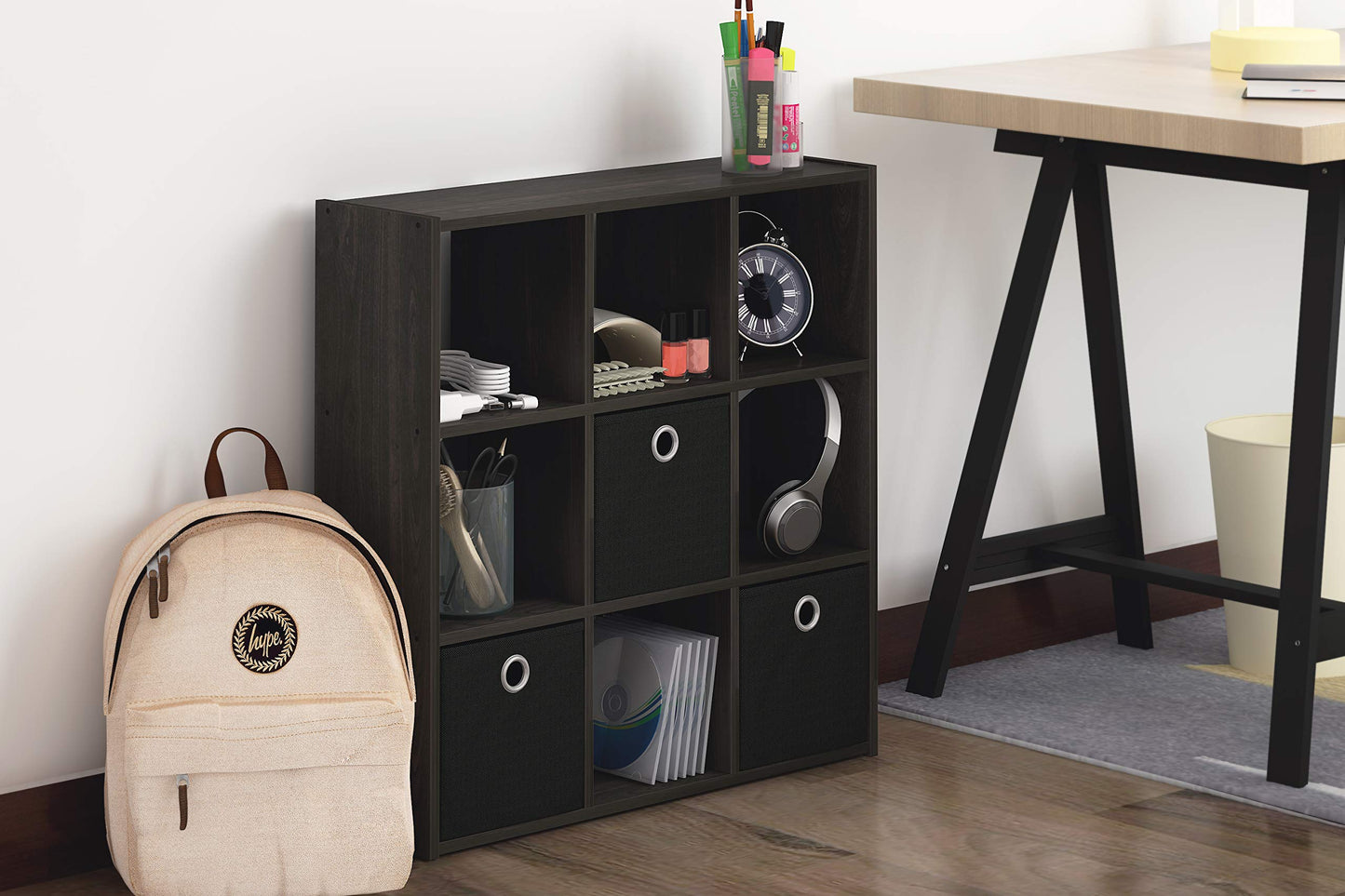 Furinno Simplistic 9-Cube Organizer with Bins, Small Size (Assembled unit dimensions : 7.9"D x 26.5"W x 26.7"H inches), Espresso/Black