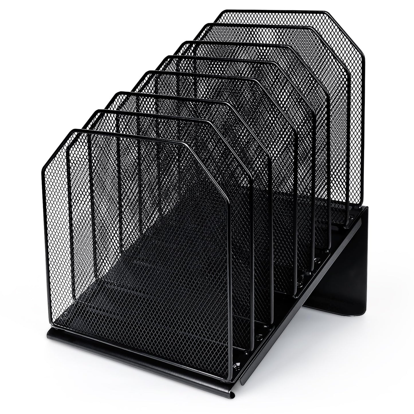 SUMMORO Inclined File Organizer for Desk, 7-Section Vertical File Folder Holder Office Desk Organizer Metal Rack File Wire Mesh Desktop Document Sorter for Office School Classroom Home (Black)