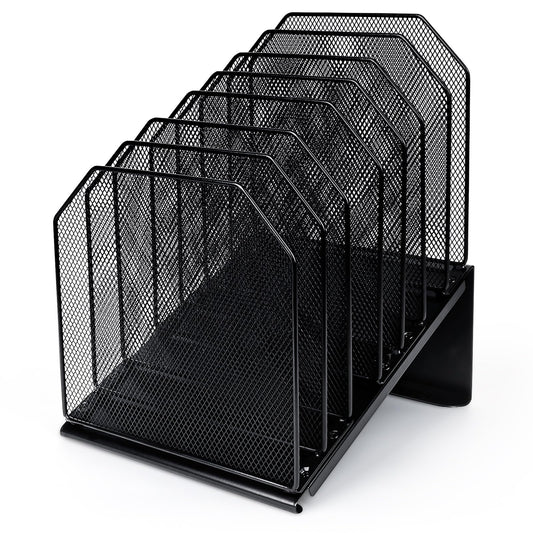SUMMORO Inclined File Organizer for Desk, 7-Section Vertical File Folder Holder Office Desk Organizer Metal Rack File Wire Mesh Desktop Document Sorter for Office School Classroom Home (Black)