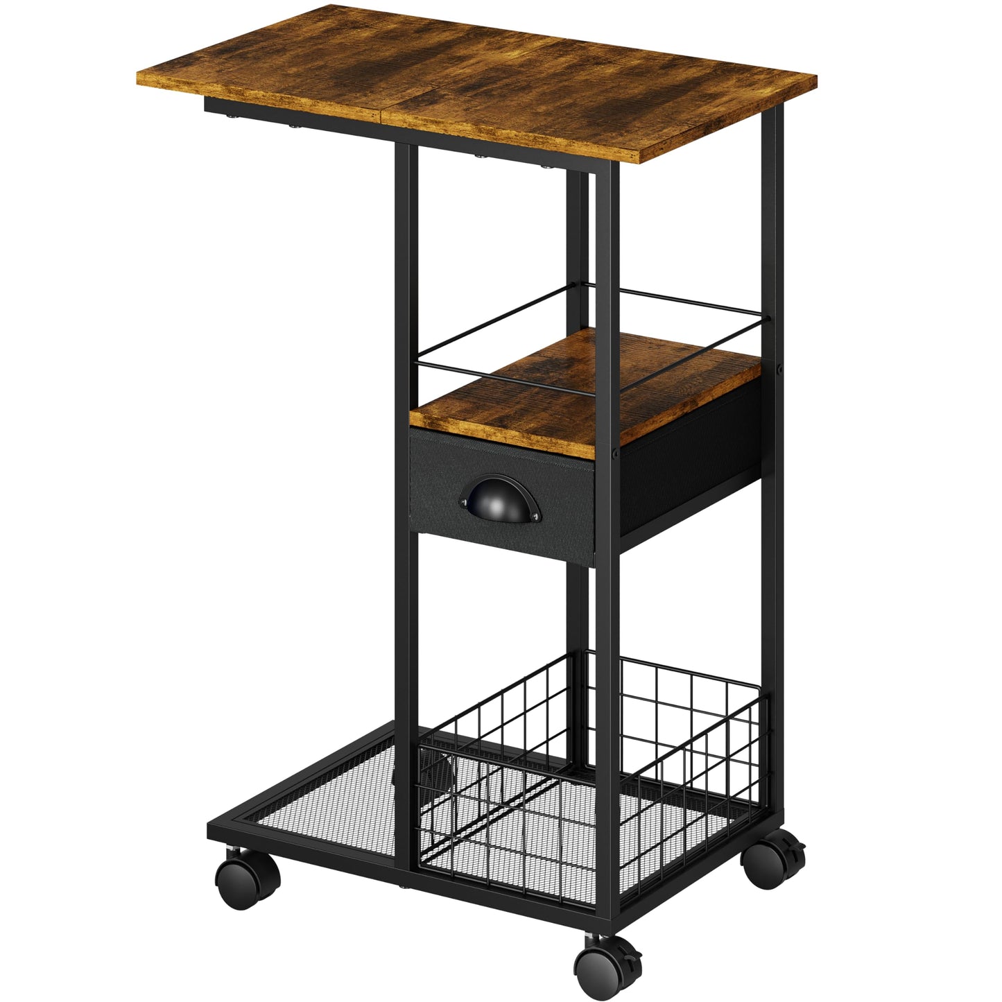 C Shaped Sofa Side Table with Wheels, Rolling Small Coffee Table with Drawer, Portable TV Tray Table for Couch, Bedside Table with Storage, Narrow Nightstand for Bedroom, End Tables Living Room