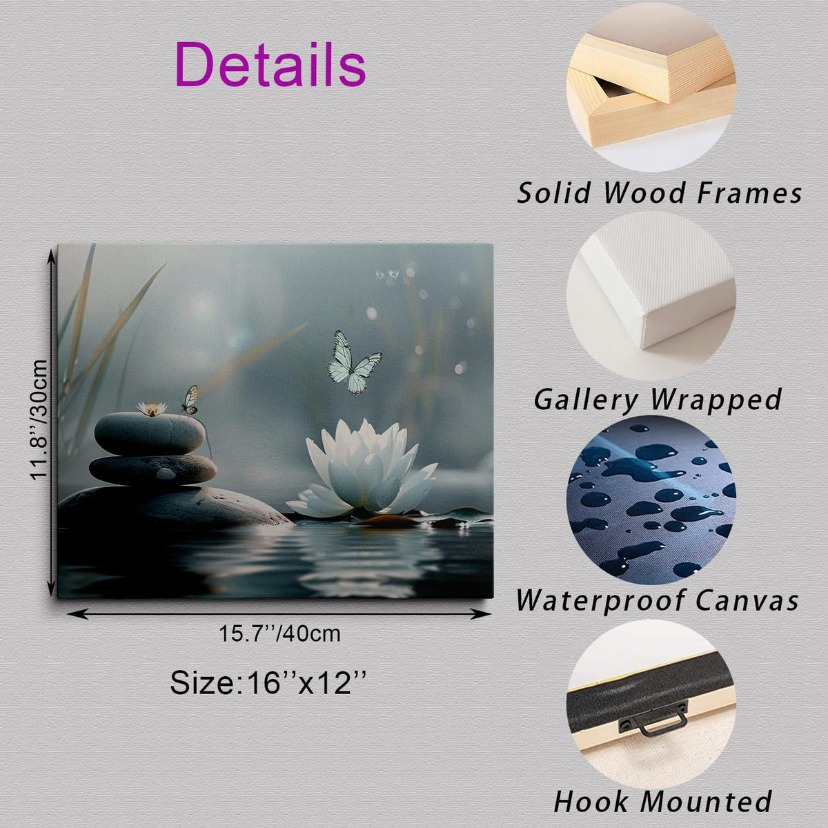 Zen Lotus Flower with Stones and Butterflies Canvas Wall Art Framed Serene Painting Prints Posters Artwork for Meditation Room Wall Decor Calming Spiritual Bathroom Art 12x16 Inches