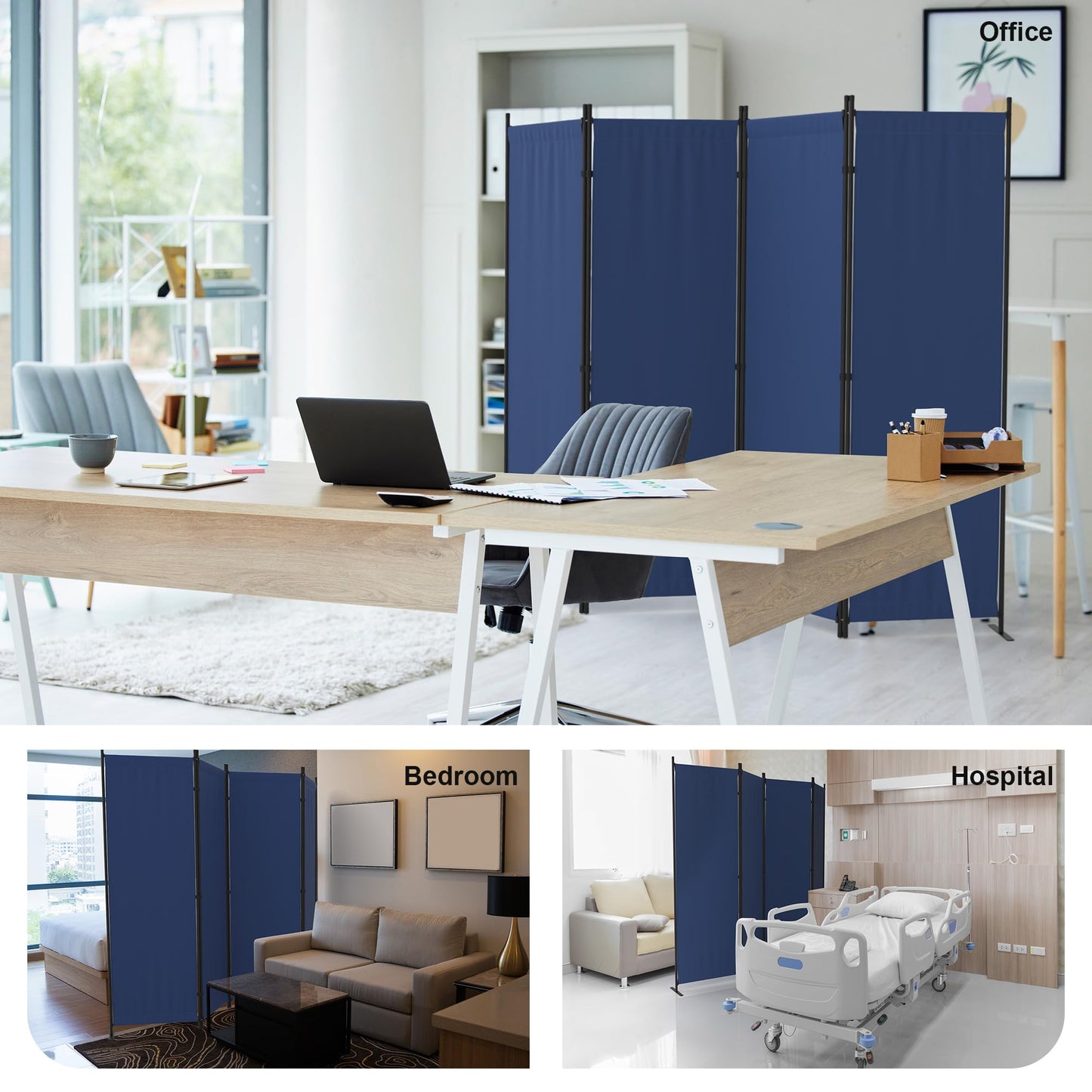 Room Divider, 4 Panel Folding Privacy Screen, 88” Portable Separating with 3 Metal Feet, Partition Room Dividers, Lightweight Freestanding Wall Divider Screen for Office Bedroom Hospital(Blue)