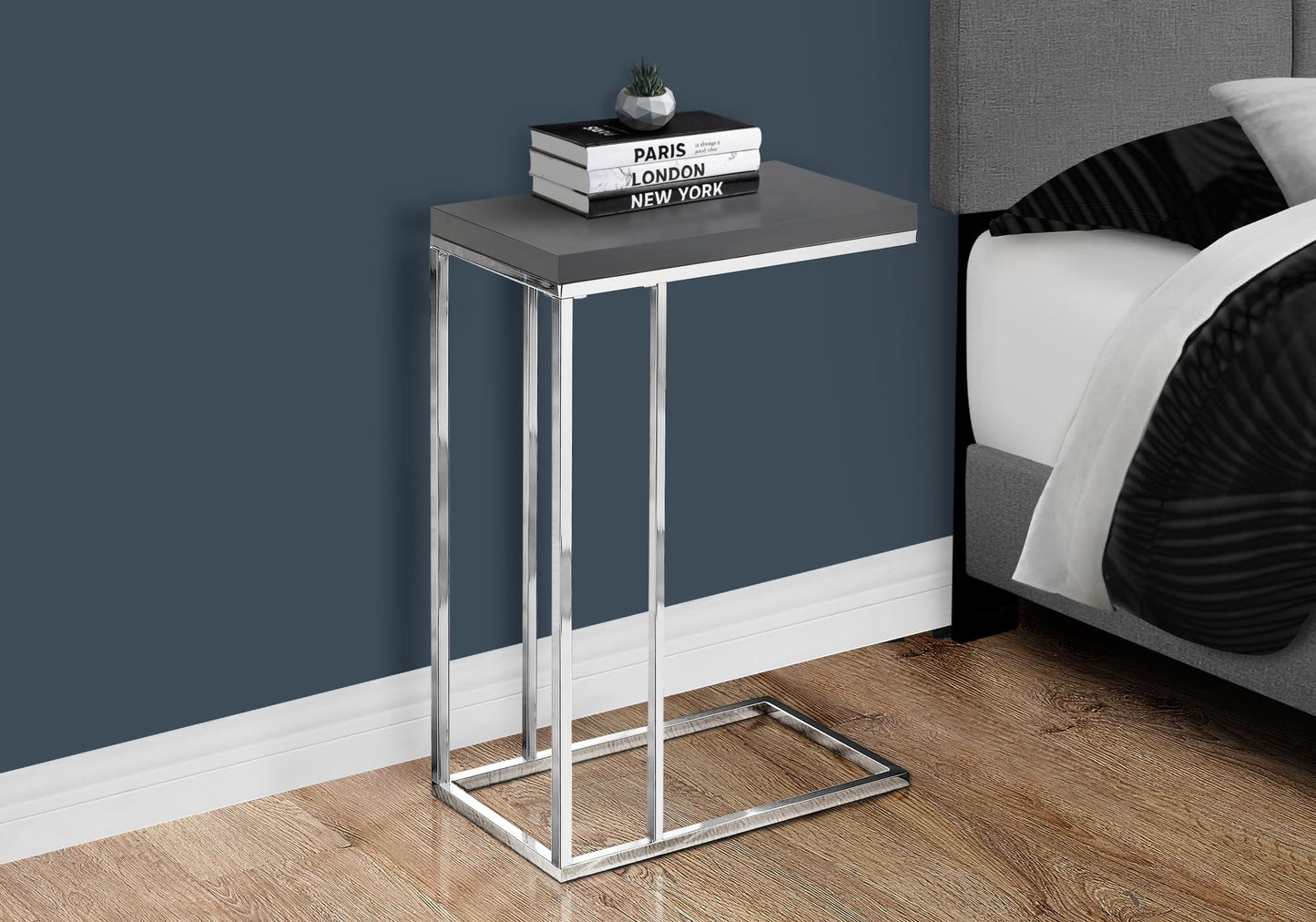 Monarch Specialties I 3030 Accent Table, C-shaped, End, Side, Snack, Living Room, Bedroom, Metal, Laminate, Glossy Grey, Chrome, Contemporary, Modern