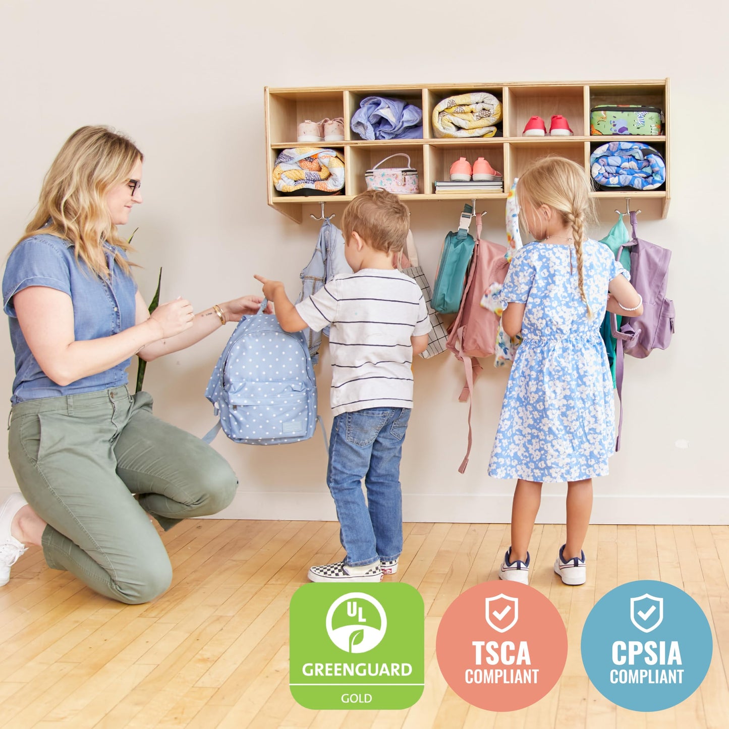ECR4Kids Streamline 10-Section Wall-Mounted Hanging Cubby Coat Locker, Classroom Furniture, Natural