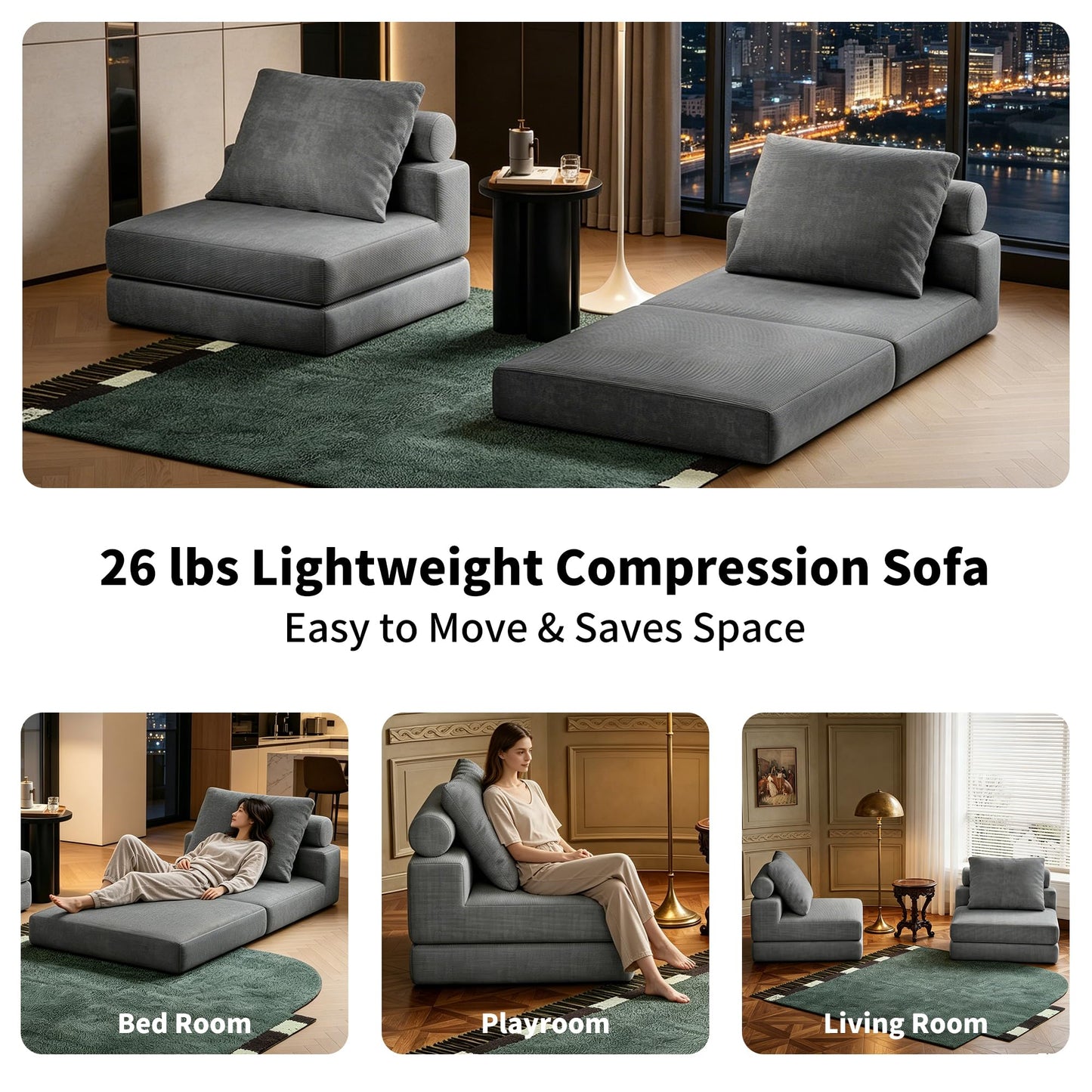 Folding Sofa Bed, Convertible Sleeper Chair with Memory Foam, Pillow & Back Support – Boneless Foldable Futon Couch, Floor Mattress Single Size Lounge for Living Room, Guest Room or Home Office