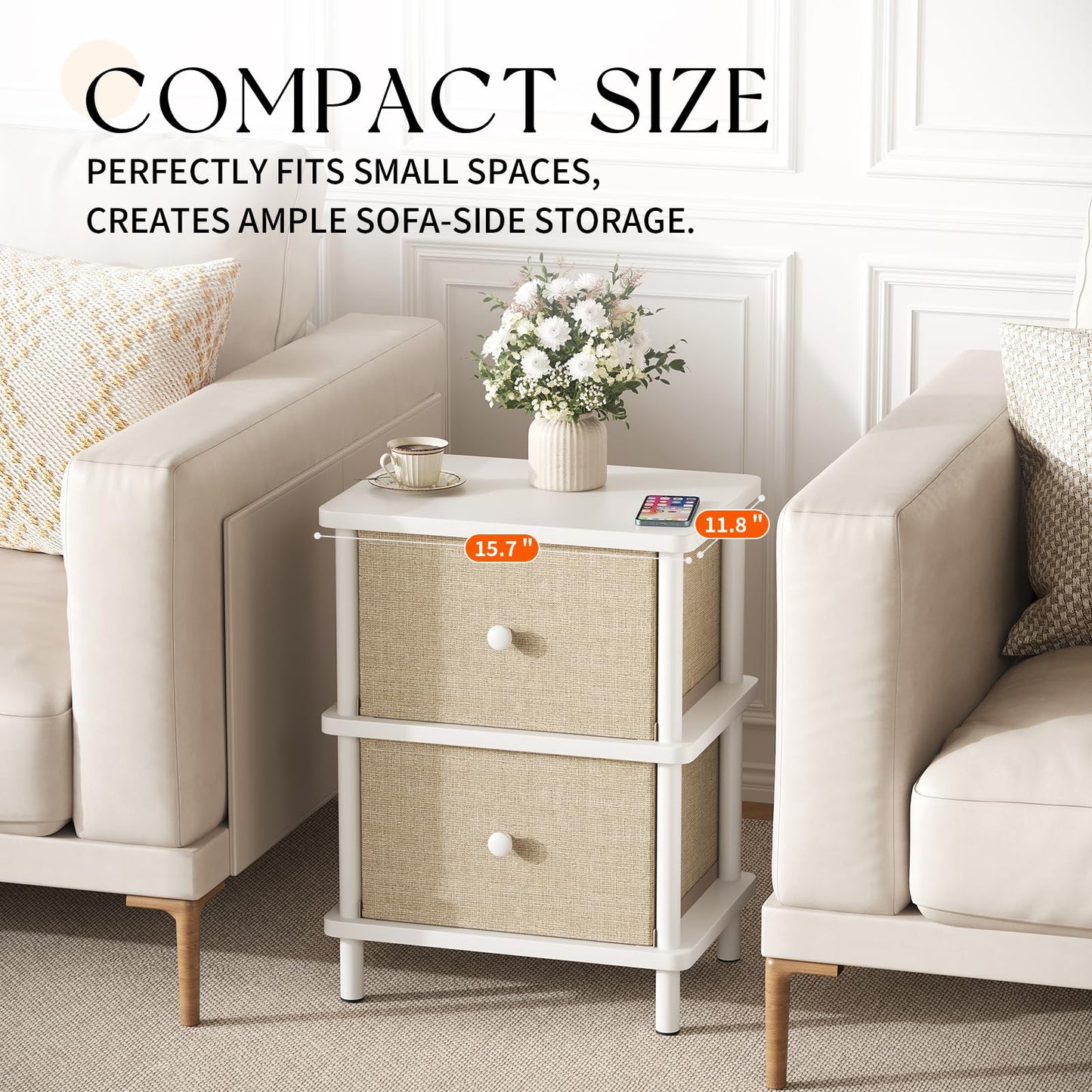 Apicizon Nightstand with 2 Storage Drawers, Boho Side Table with Solid Wood Legs, End Table for Small Spaces, Bedroom, Living Room, Entryway, White