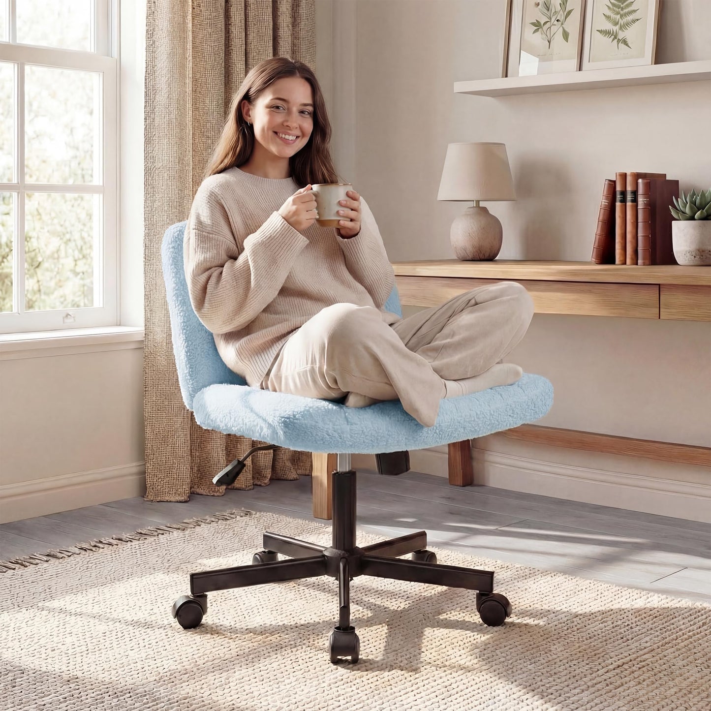 Orange Factory Criss Cross Chair Wheels Vanity Chair Office Desk Comfy Wide Cross Legged Armless Teddy Fabric Adjustable Swivel for Home Computer Task (Blue, Teddy Fleece)