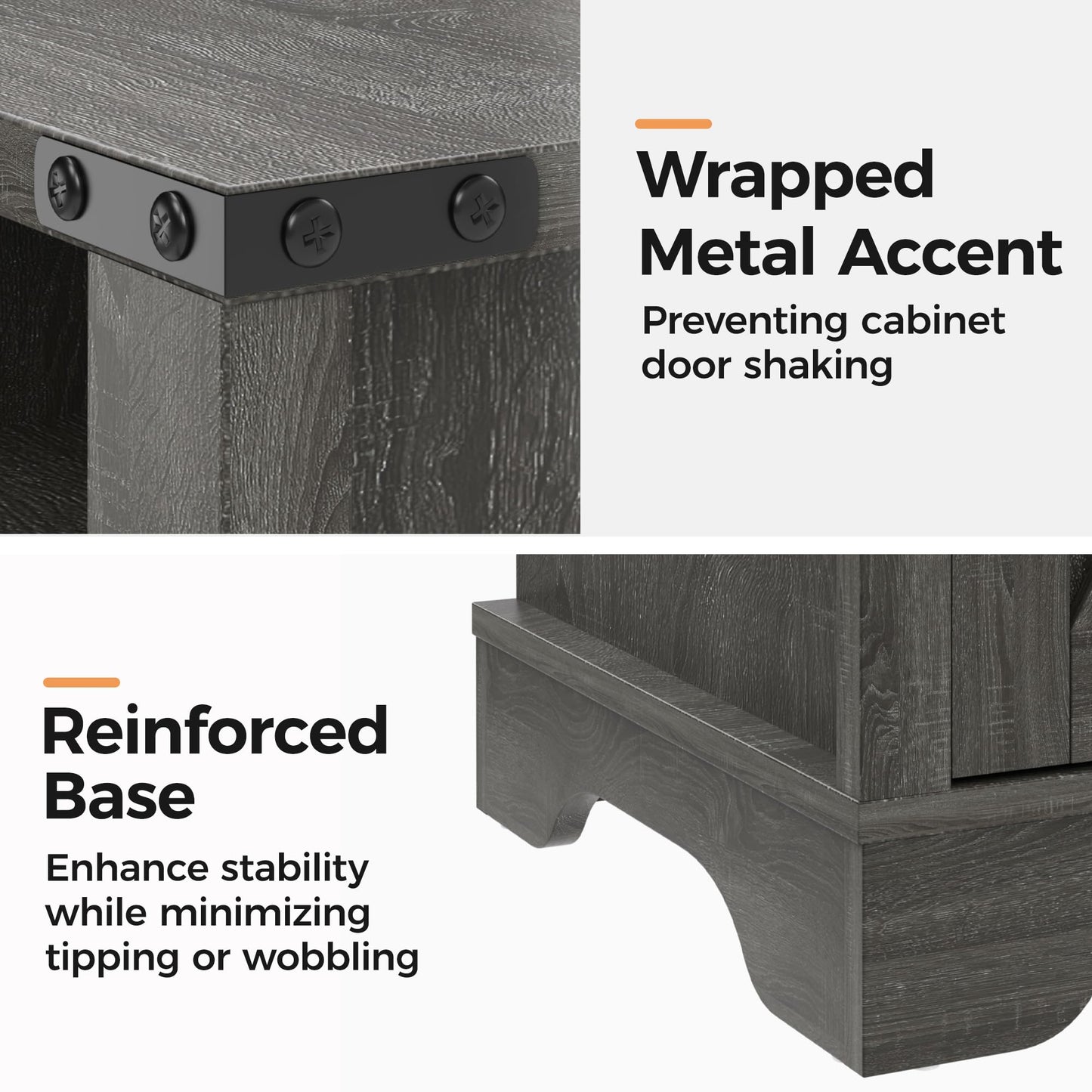 RoyalCraft Farmhouse Nightstand, End Table with Charging Station, Tall Bedside Table with Large Storage Room and Shelf, Wooden Rustic Side Table for Bedroom, Home Office, Dark Grey