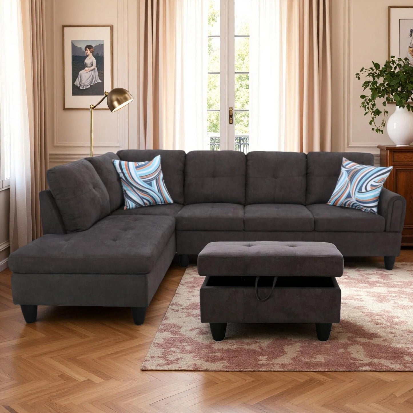 Trygoal 97" L Shaped Couch Sectional Couches with Chaise and Storage Ottoman, 3 Pieces Modular Convertible Sofa for Living Room Furniture Sets and Small Apartment, Dark Brown