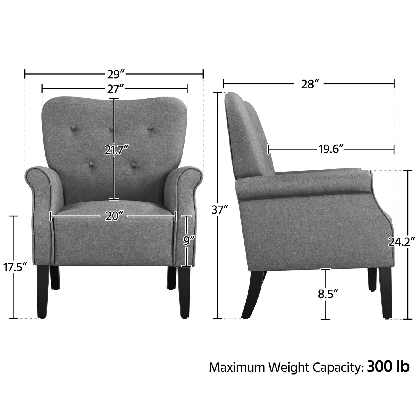 Yaheetech Modern Armchair, Mid Century Accent Chair with Sturdy Wood Legs and High Back for Small Space, Upholstered Fabric Sofa Club Chair for Living Room/Bedroom/Office, Set of 2, Dark Gray