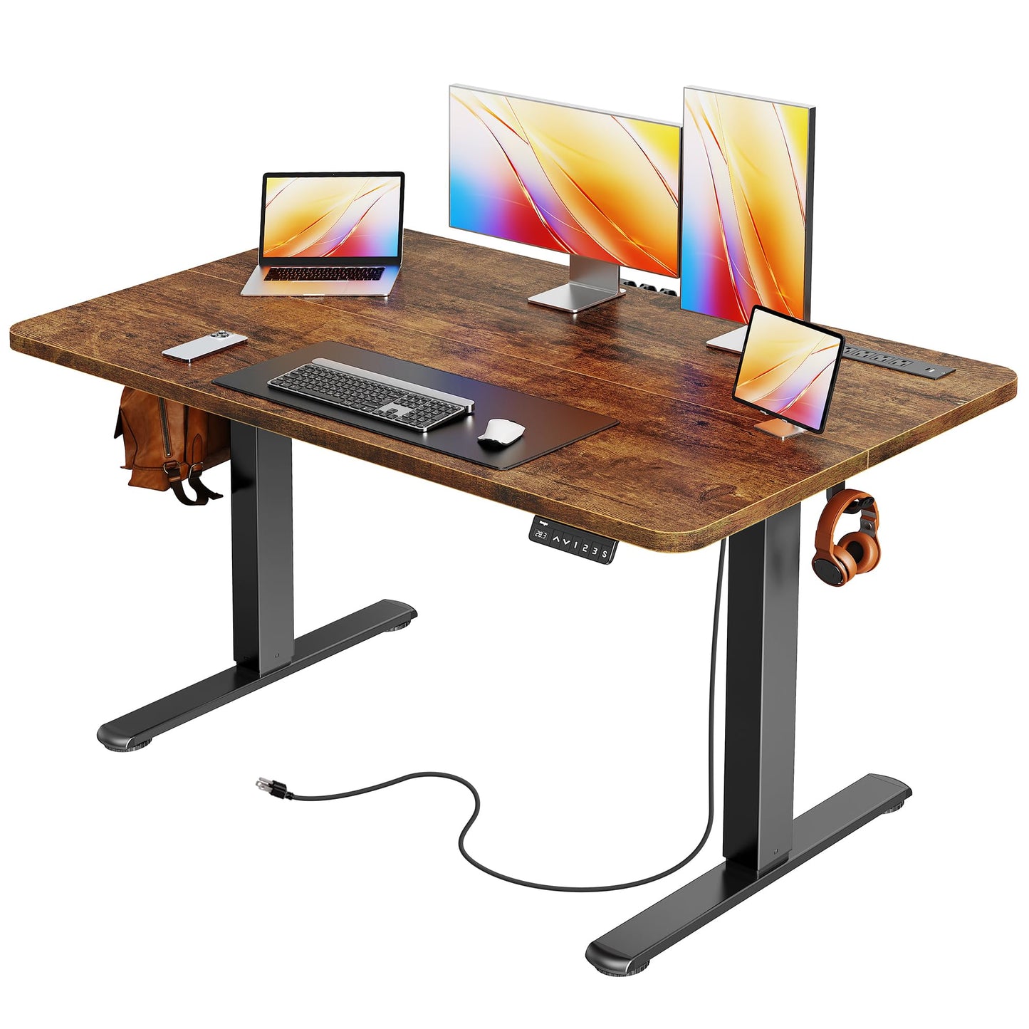 Huuger Electric Standing Desk with Power Outlets and USB-C Port, 47 X 24 Inch Height Adjustable Desk, Sit Stand Desk for Home Office, Computer & Gaming Desk with 4 Presets, Rustic Brown