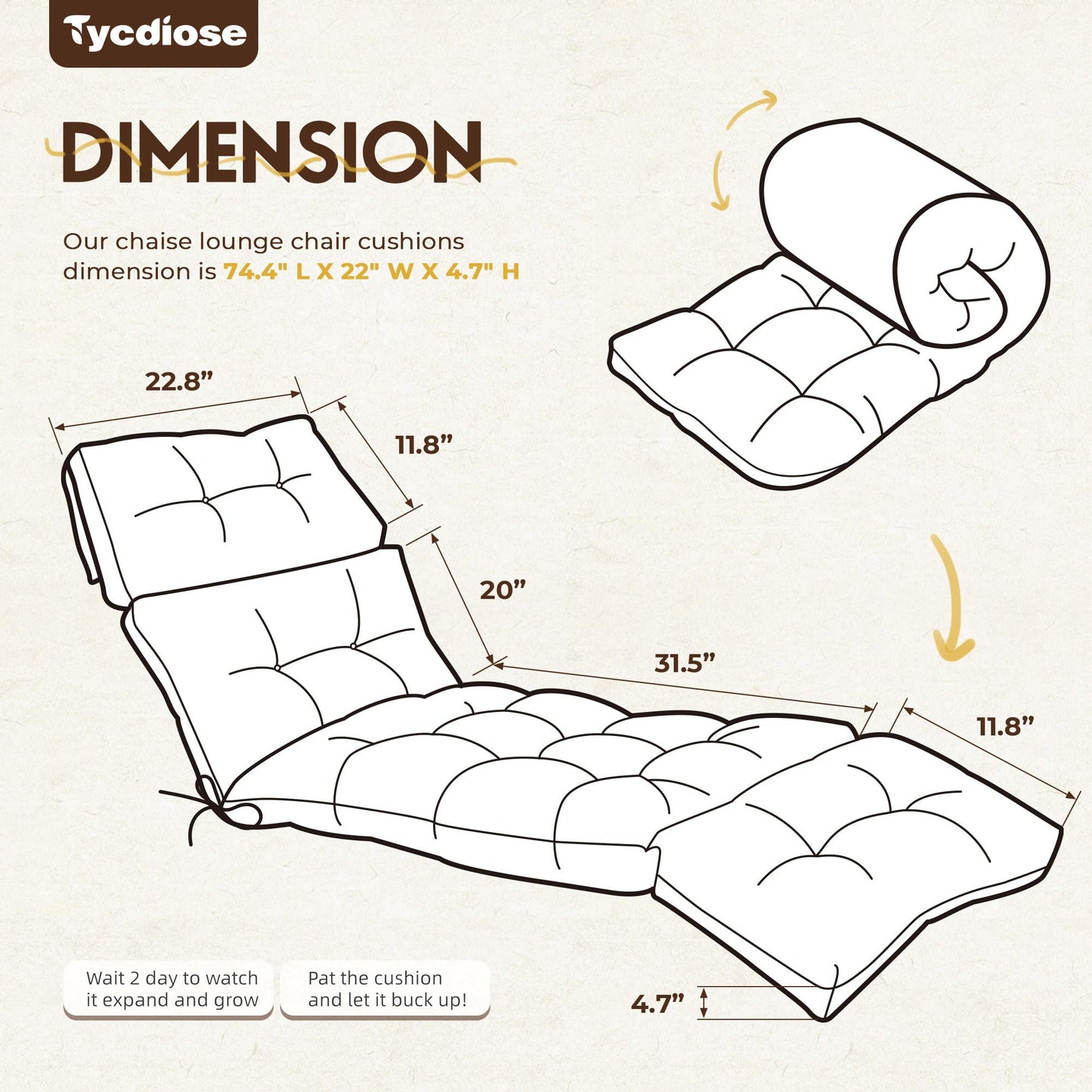 Tycdiose Outdoor Chaise Lounge Chair Cushion Waterproof 74.4 x 22 x 4.7 Inches Memory Foam Lounge Chair Cushions Replacement for Outdoor Furniture with Ties, Thickened Pool Lounge Chair Cushion, Beige
