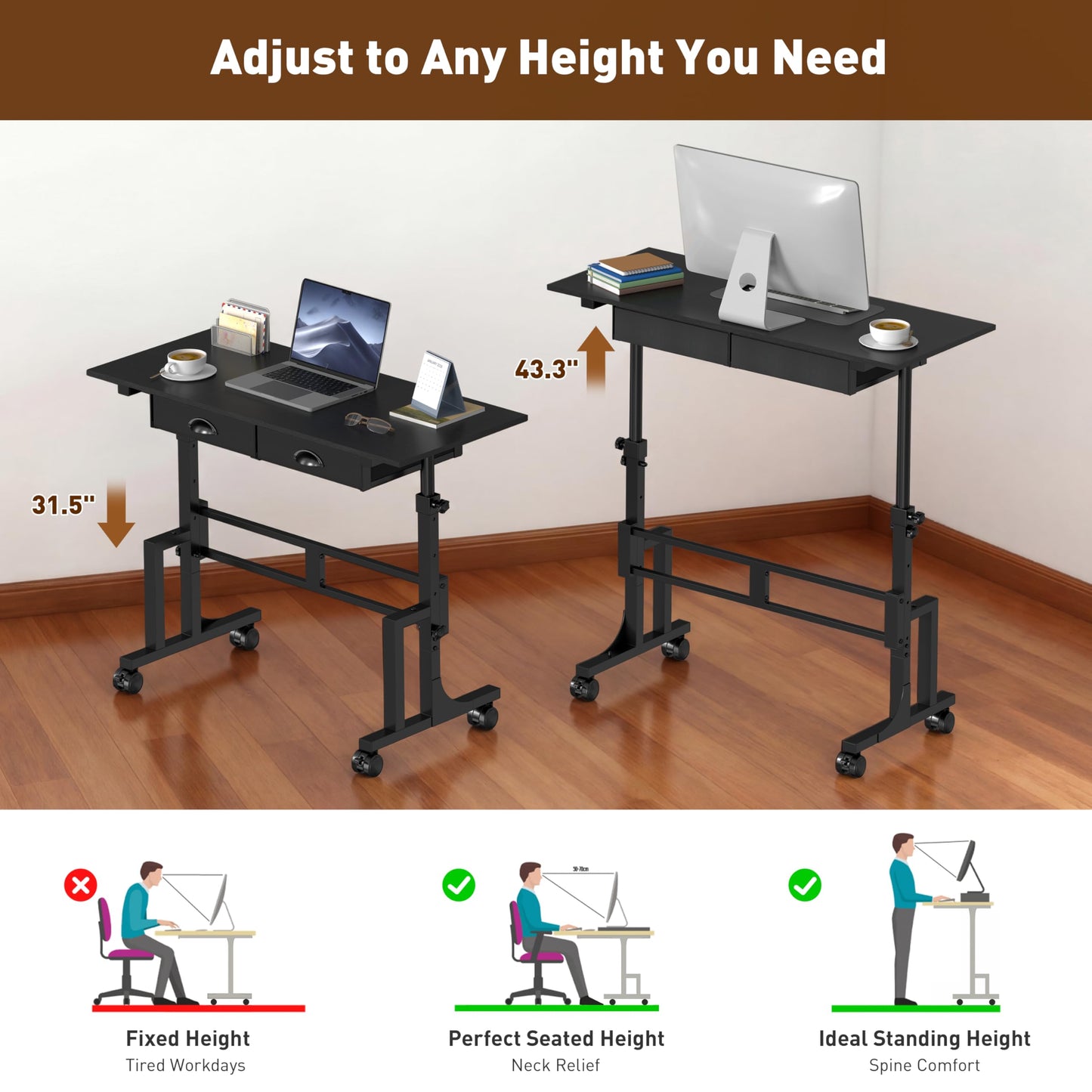 Jsskeeim Adjustable Standing Desk with Drawers, Rolling Sit Stand Desk with Wheels for Walking Pad, Small Mobile Computer Desk for Home Office, Portable Height Adjustable Desk 31.5"-43.3", Black