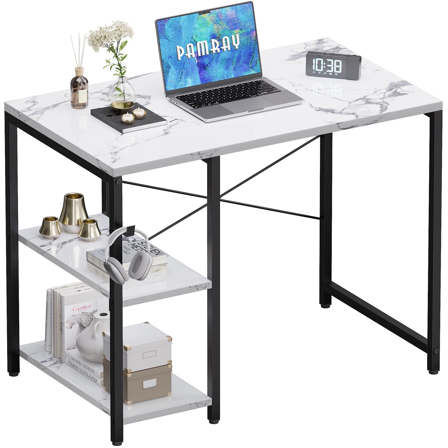 Pamray 32 Inch Small Computer Desk with Shelves, Home Office Desk with Headphone Hook for Bedroom, Study Writing PC Table for Small Spaces, Marble