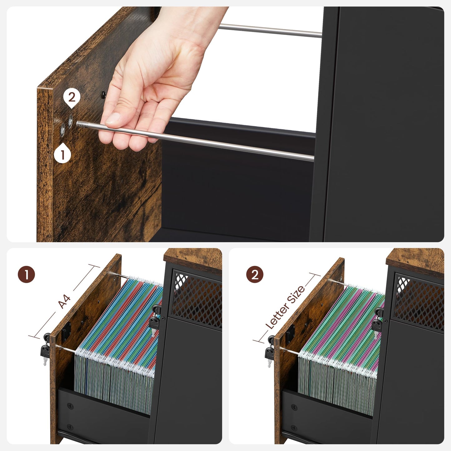 VASAGLE File Cabinet, Mobile Filing Cabinet on Wheels, for Home Office, 2 Lockable Drawers, for A4, Letter-Size Hanging File Folders, Open Shelf, Steel Frame, Rustic Brown and Ink Black UOFC077B01