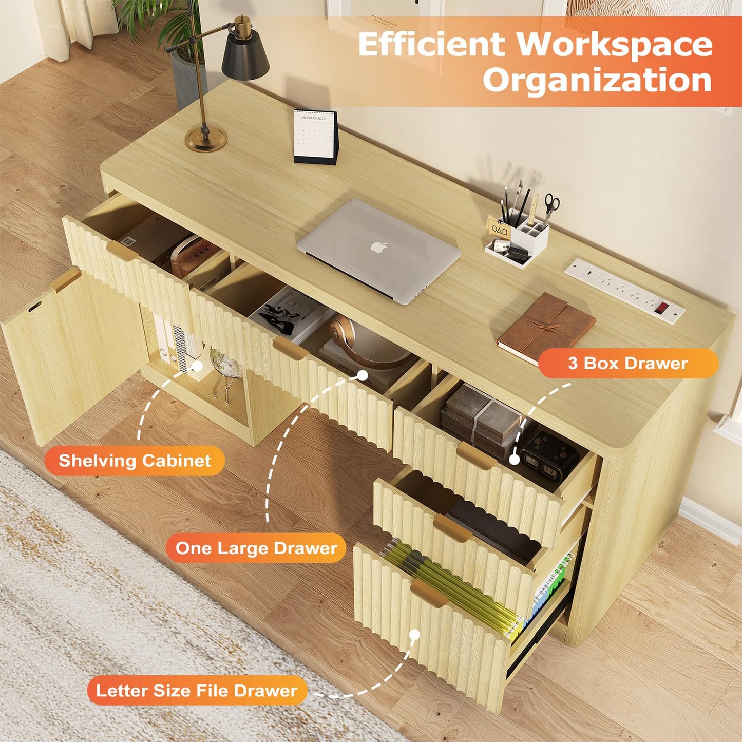58" Fluted Executive Desk with Storage & Charging Station, Wood Modern Home Office Desk with 4 Drawers, 1 File Cabinet, 1 storage Cabinet, Computer Writing Desk for Work, Living Room, Bedroom, Natural