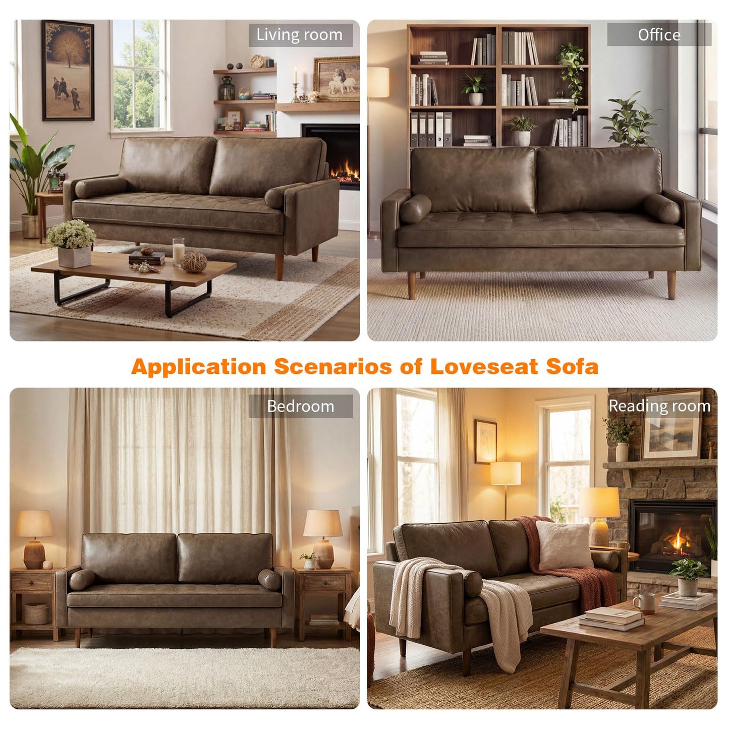Meeyar 70" Mid-Century Modern Sofa Couch – Faux Leather Loveseat Sofa with Deep Seat & Solid Wood Frame – Includes 2 Accent Pillows –Dark Brown Living Room Bedroom Office