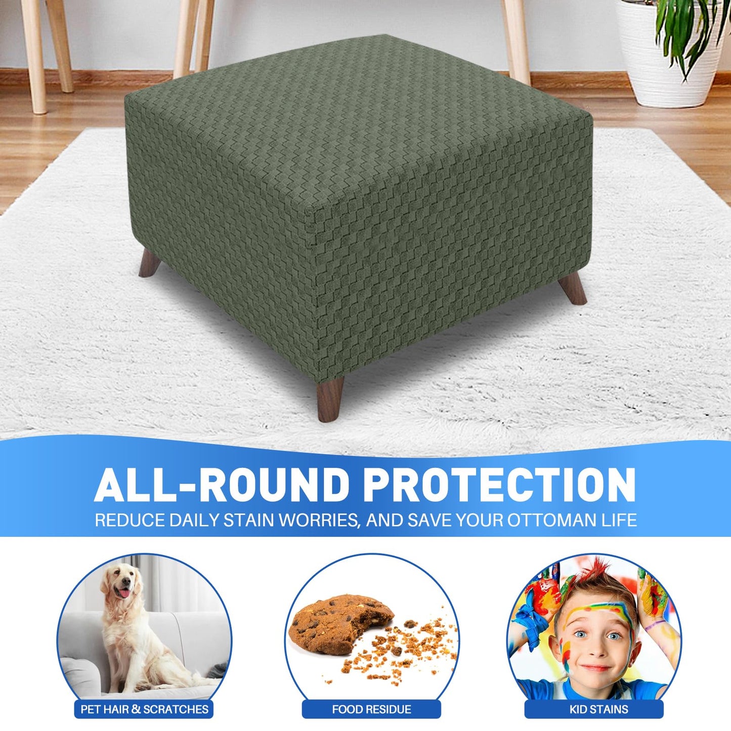 MAXIJIN Jacquard Ottoman Cover Slipcovers Folding Storage Stool Furniture Protector Cover Soft Thick Rectangle Foot Rest Slipcover with Elastic Bottom (Ottoman X-Large, Army Green)