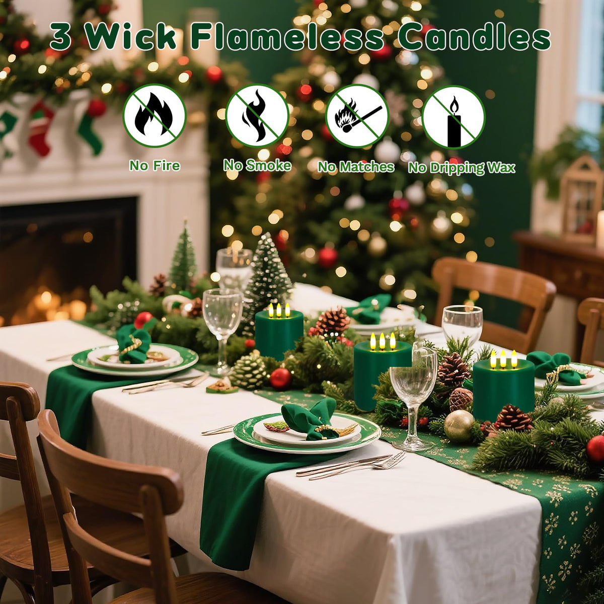 Large 3 Wick Flameless Candles Set of 2, 4"x4" Flickering LED Candles with Remote & Timer, Dimmable Real Wax Pillar Candles Battery Operated, Green Candles for Home Christmas St. Patrick’s Day Decor