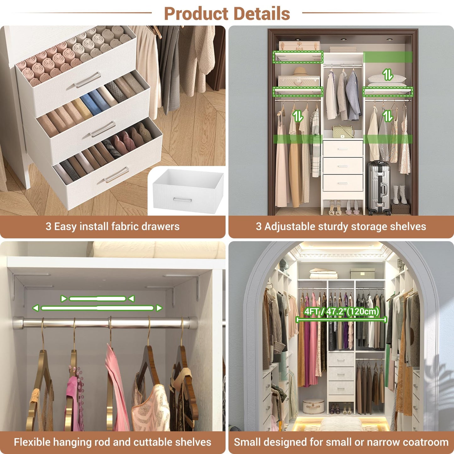 Besiost 4FT Small Closet System with 3 Fabric Drawers, 48'' Closet Organizer System With 3 Adjustable Shelves, Flexible Built-In Clothes Garment Rack for Small Space, 48" L x 13" W x 71" H, White