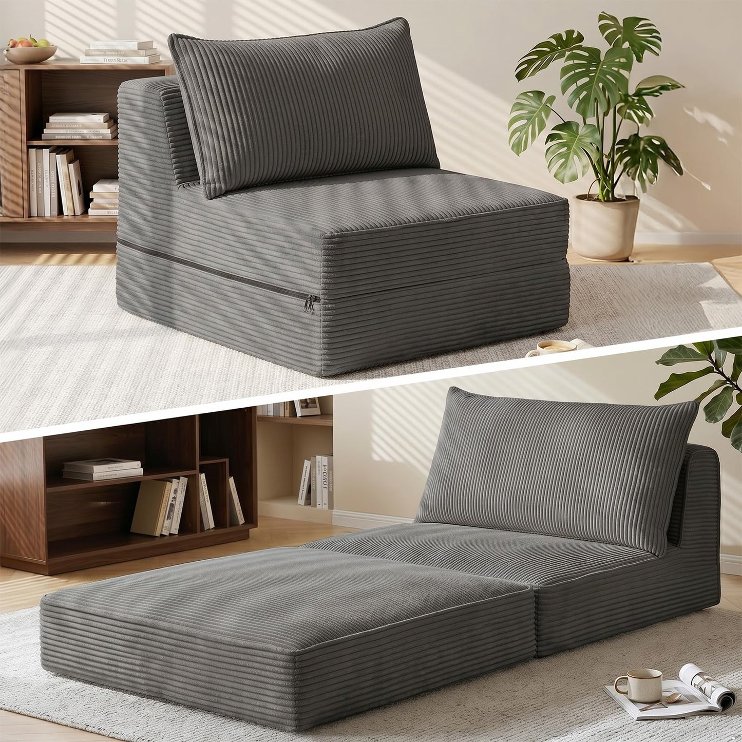 Erament Folding Sofa Bed, 8" Convertible Sleeper Sofa Fold Out Chair Bed with Pillow, Portable Floor Couch Lounge Sofa for Living Room Bedroom Guest Room, Grey