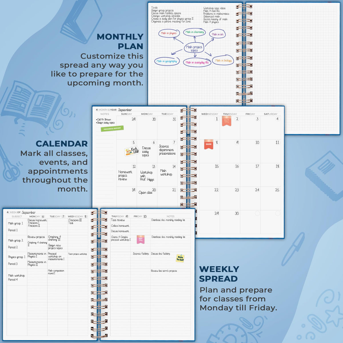 Clever Fox Teacher Planner Spiral – School Year Planner with Calendars & Lesson Plans – Teacher Plan Book for Classroom & Homeschool Organization - Undated, 7.9x10″ (Mystic Blue)