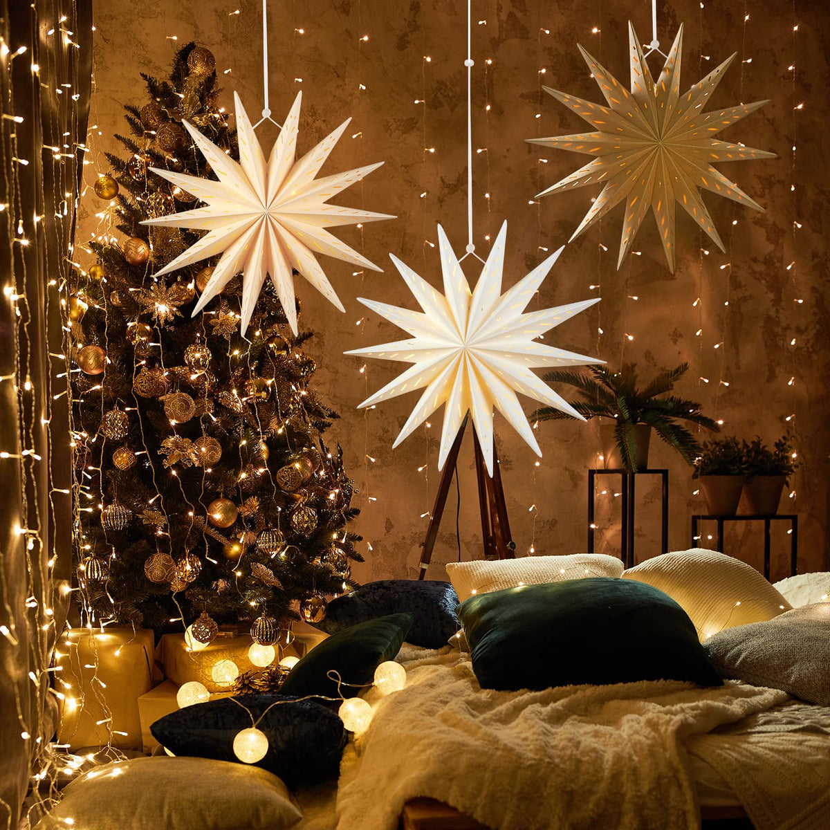 SUNBEAUTY 14-Pointed 18 Inch Hollow Out Paper Star Lanterns Brown White Christmas Lanterns Hanging Lamp Paper Decorations Shade Wedding Birthday Christmas Home Party Decorations