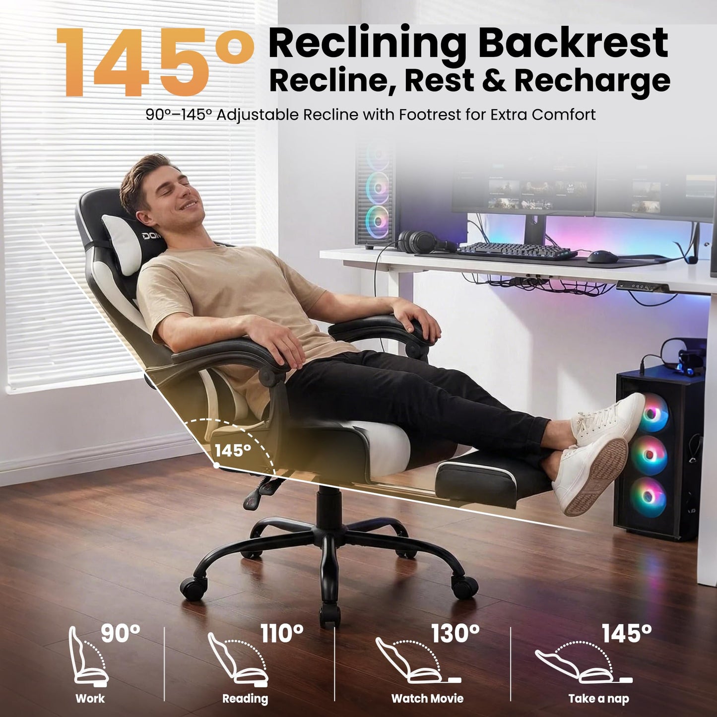 Gaming Chair Gamer Game Ergonomic with Footstool Lumbar Support Deep Black