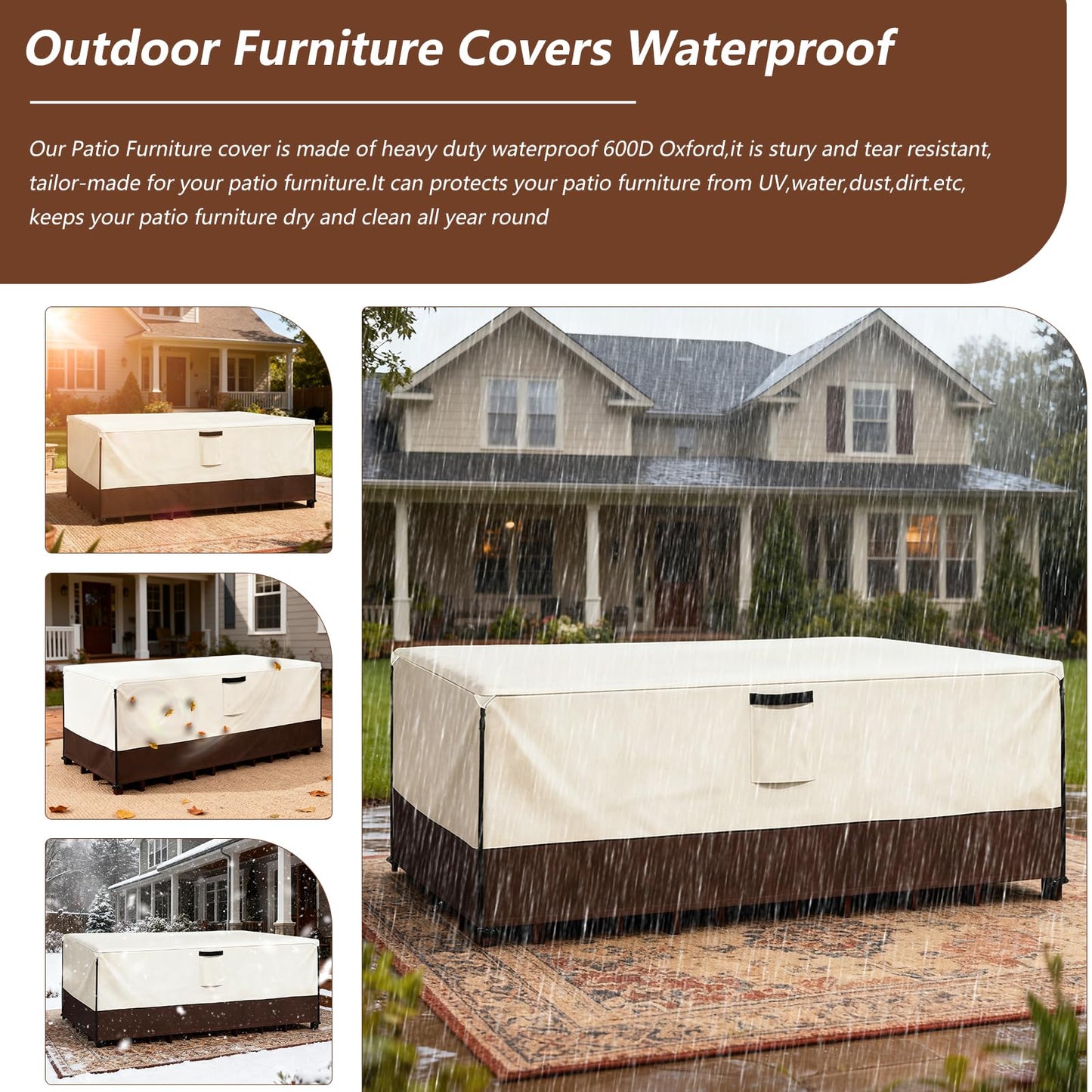 Exokugo Patio Furniture Covers Waterproof,Heavy Duty Outdoor Furniture Covers, Rectangle Patio Table Cover Fits 5-8Piece Sectional Set Outdoor Chair Couch Table Sets(126" L x 63" W x 28" H)
