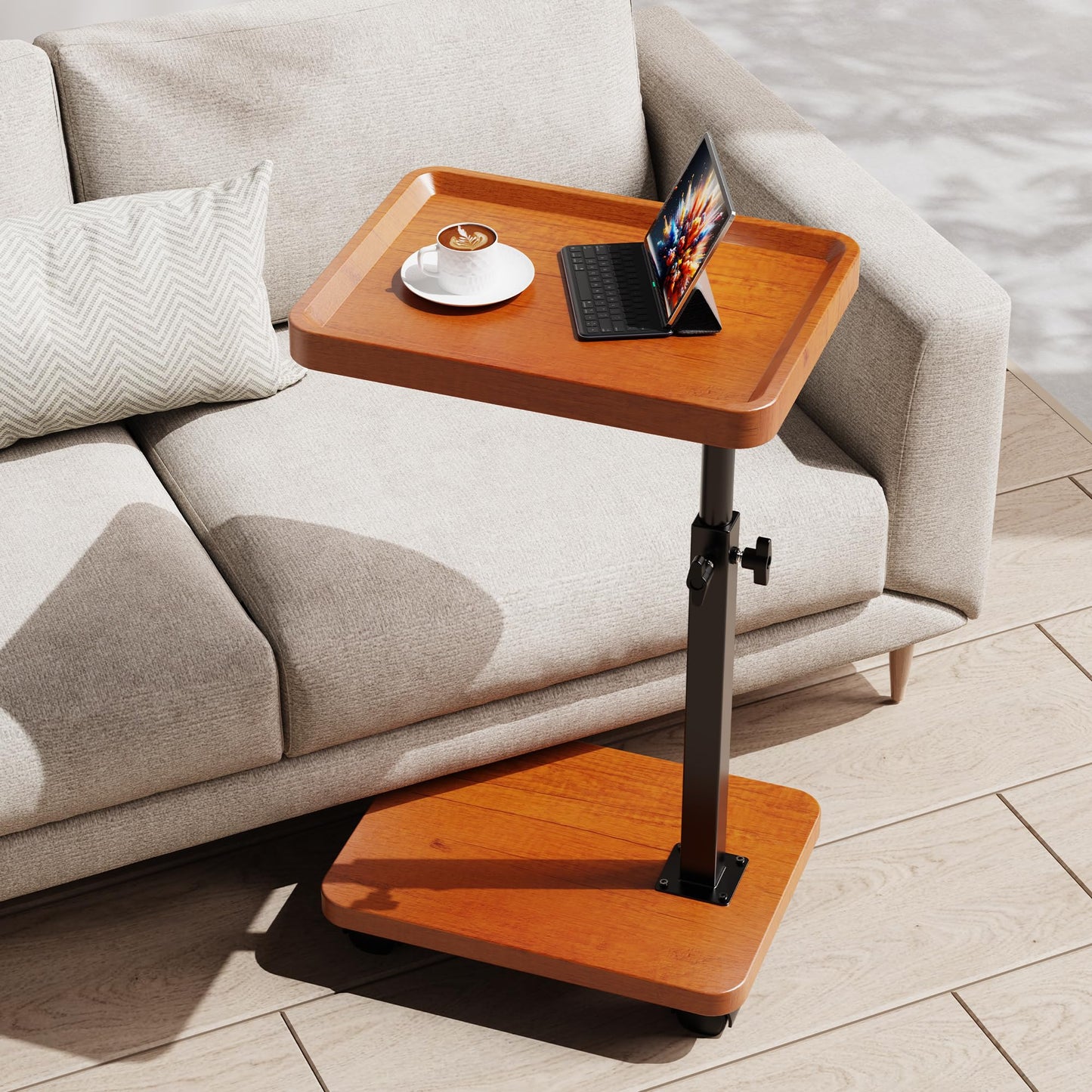 SJIE C Table End Table Adjustable Height, 360°Swivel TV Tray Table for Small Spaces, Side Tables with Wheels for Living Room and Bedroom, Bed (Yellow)