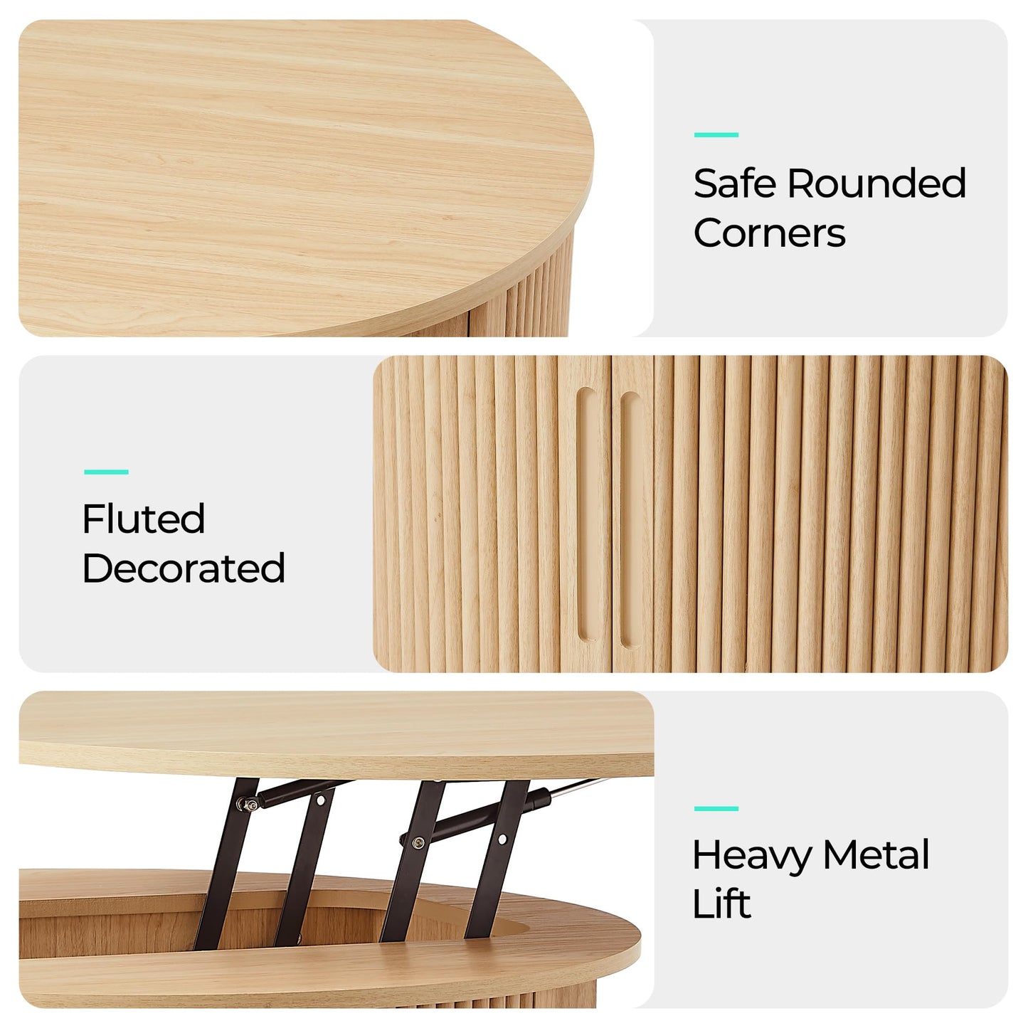 LINSY Lift Top Coffee Table, Round Fluted Coffee Table with Storage, Boho Wooden Coffee Tables with Sliding Tambour Door, 31.5" Center Table for Living Room, Office, Small Space, Natural Oak