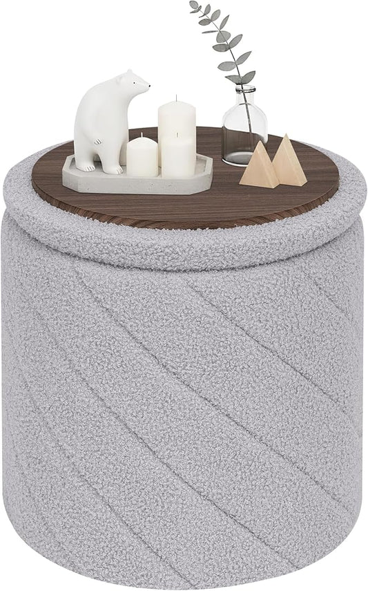 PINPLUS Ottoman with Stroage Round Boucle Ottoman and Tray Sherpa Removable